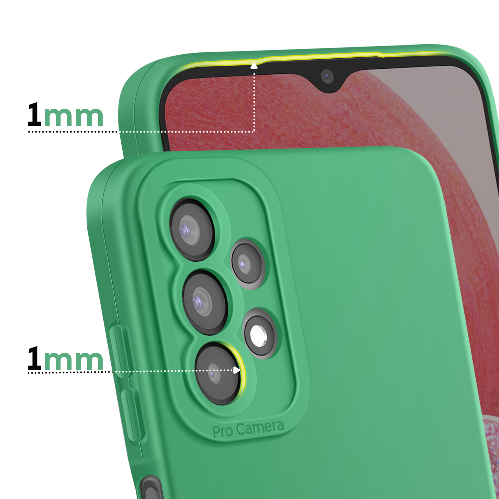 Custodia verde per telefono con bordi rialzati da 1 mm attorno a fotocamera e schermo.