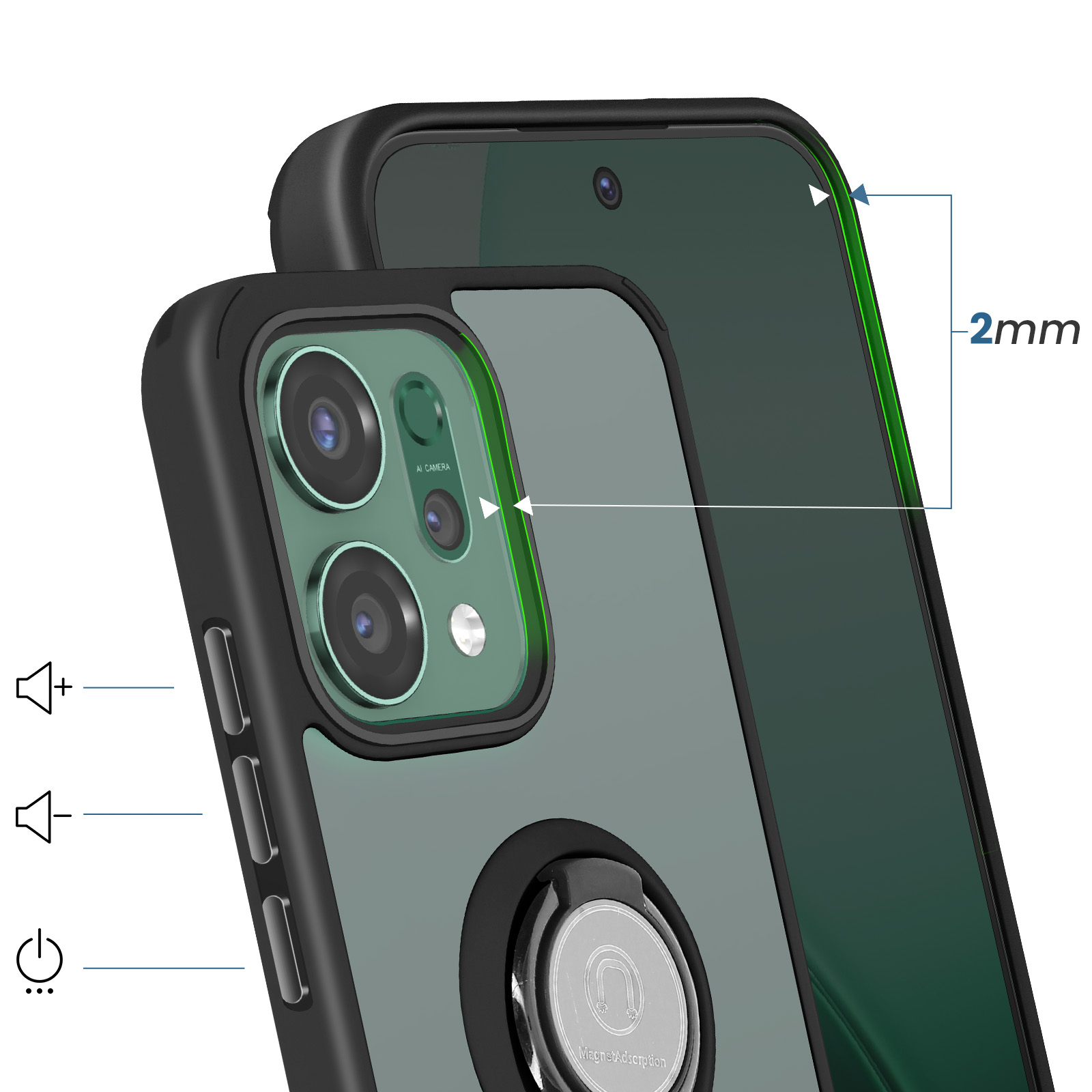 Transparente Hülle mit Kamera, Ringhalterung und 2mm Rand.