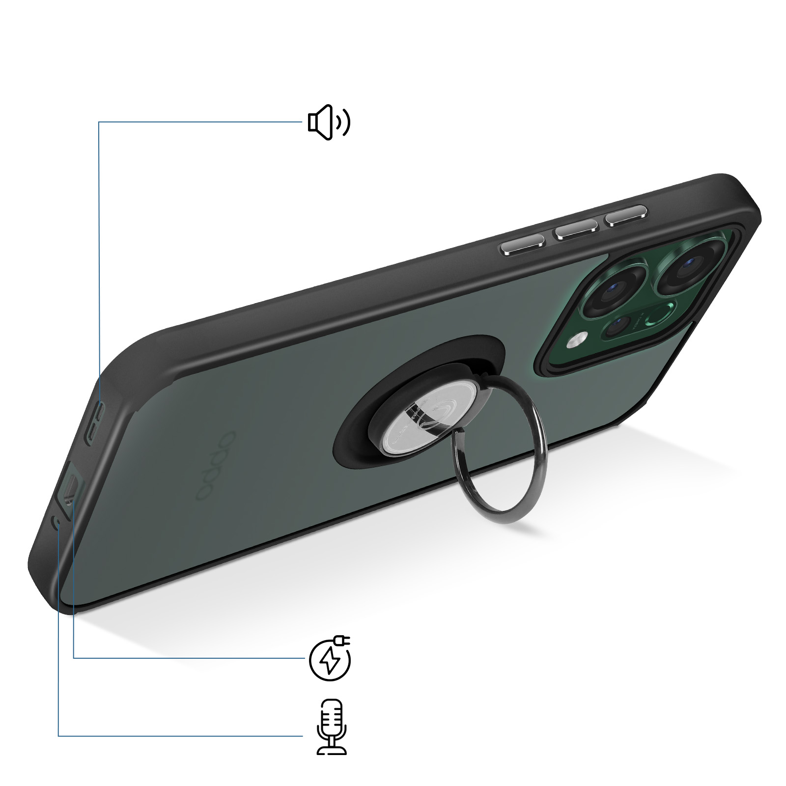 Dunkelgraues Handy mit Ringhalterung, Lautsprecher- und Mikrofonsymbolen.