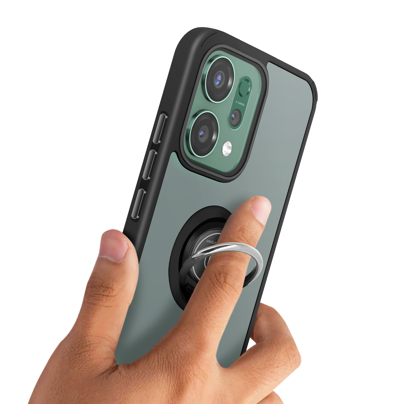 Eine Hand hält ein Smartphone mit einer Ringhalterung auf der Rückseite.