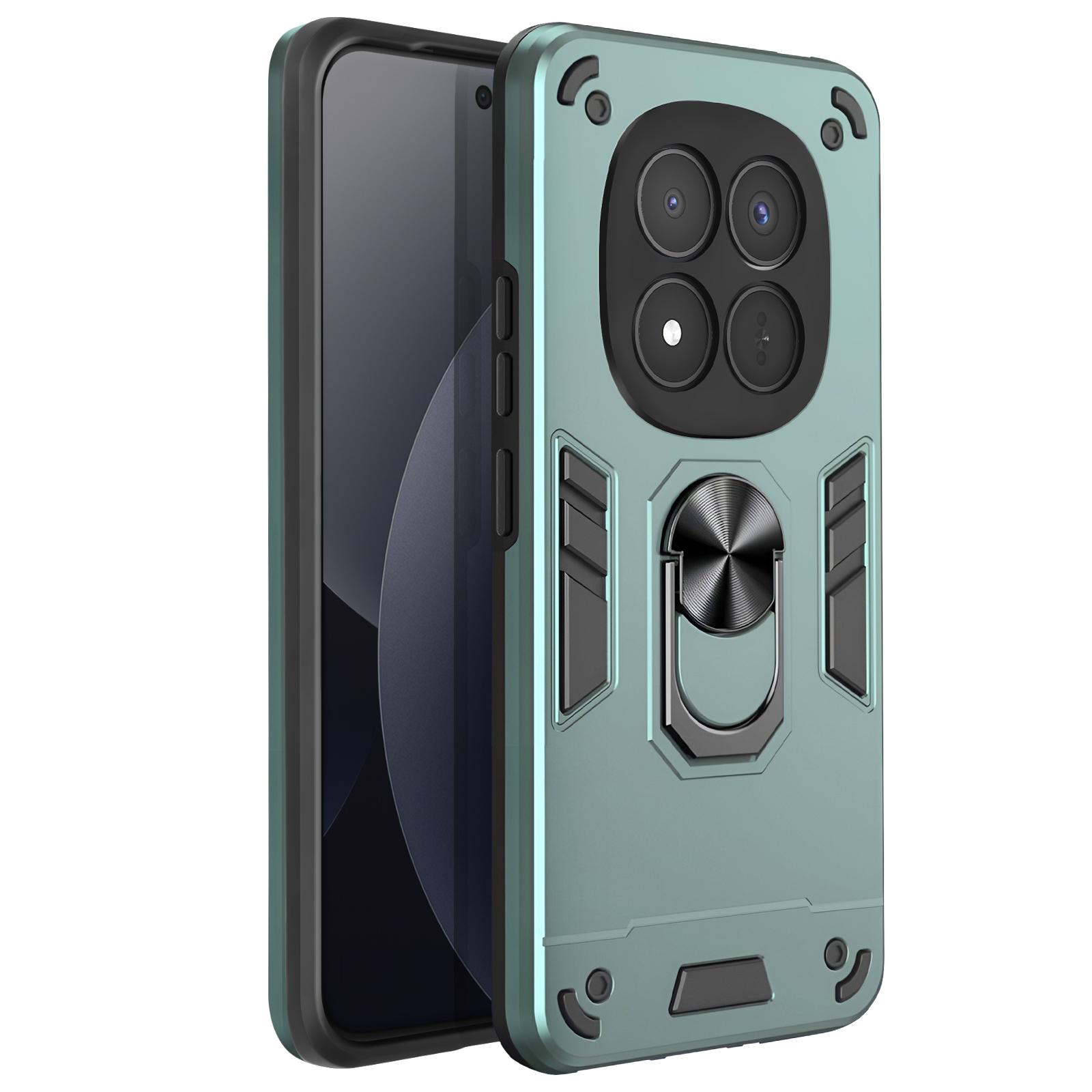 Custodia per telefono verde acqua con quattro fotocamere e anello porta anello.