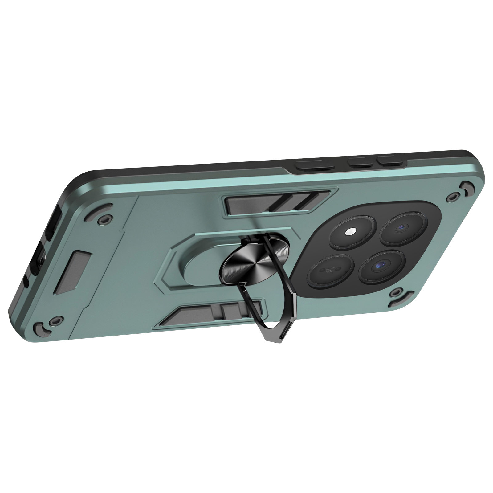 Custodia verde per telefono con anello porta anello e ritaglio per quattro fotocamere.