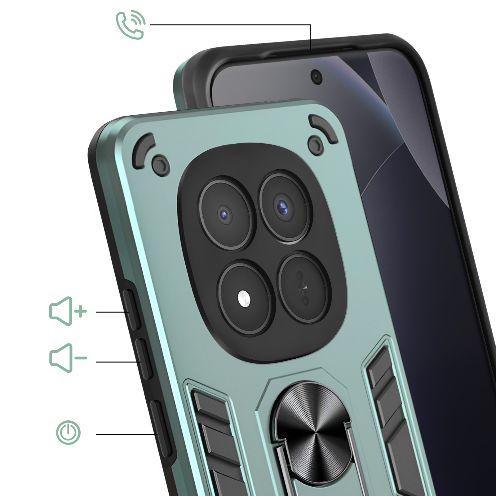 Primo piano di una custodia per telefono verde acqua con anello e array di fotocamere.