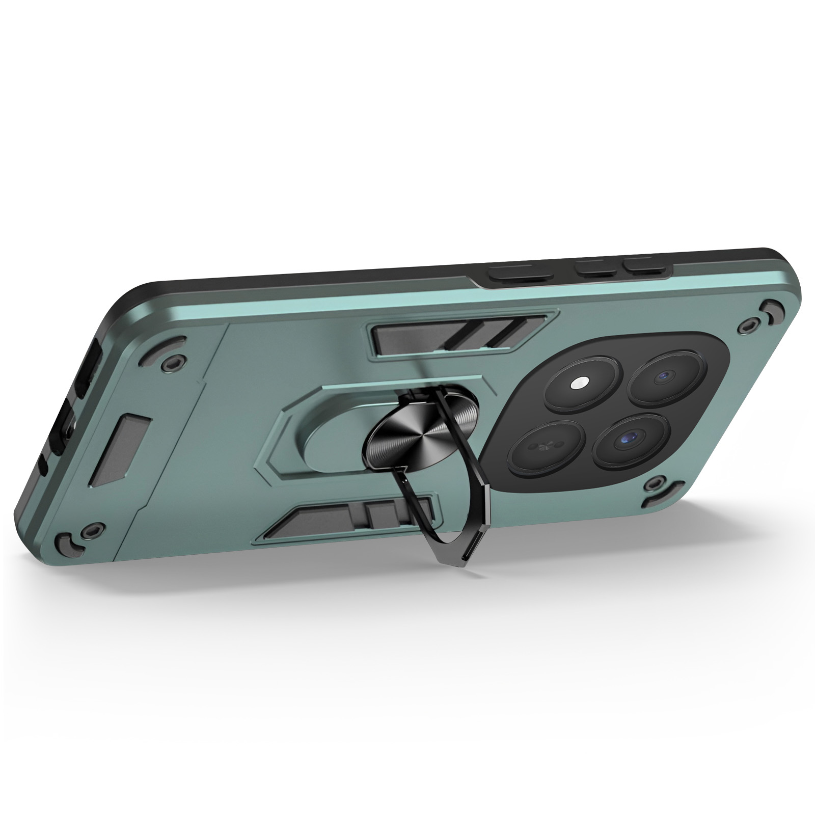 Custodia verde per telefono con anello porta e ritaglio fotocamera quadrupla.
