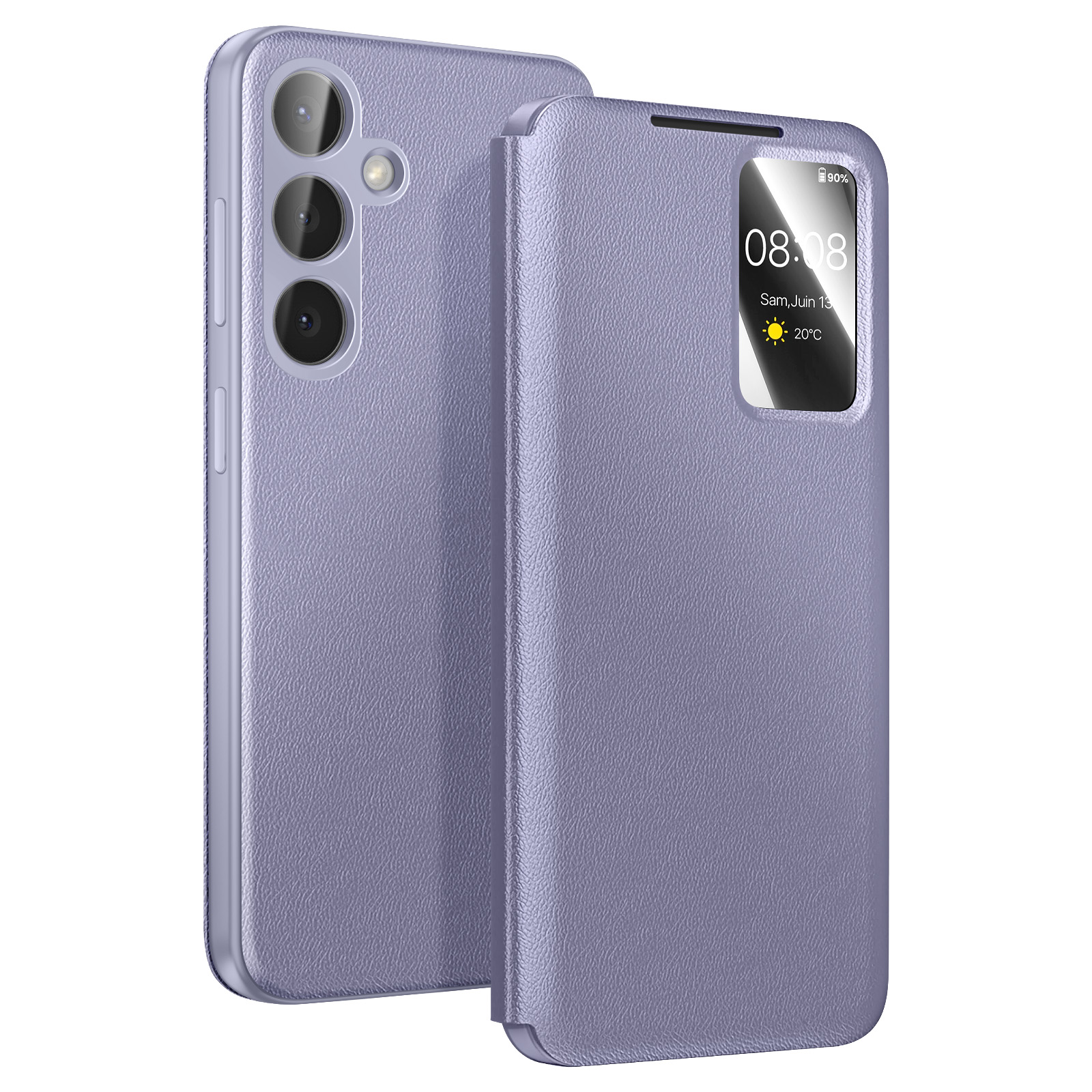 Custodia viola per telefono con finestra mostra 08:08, sab, 13 giu, 20°C.