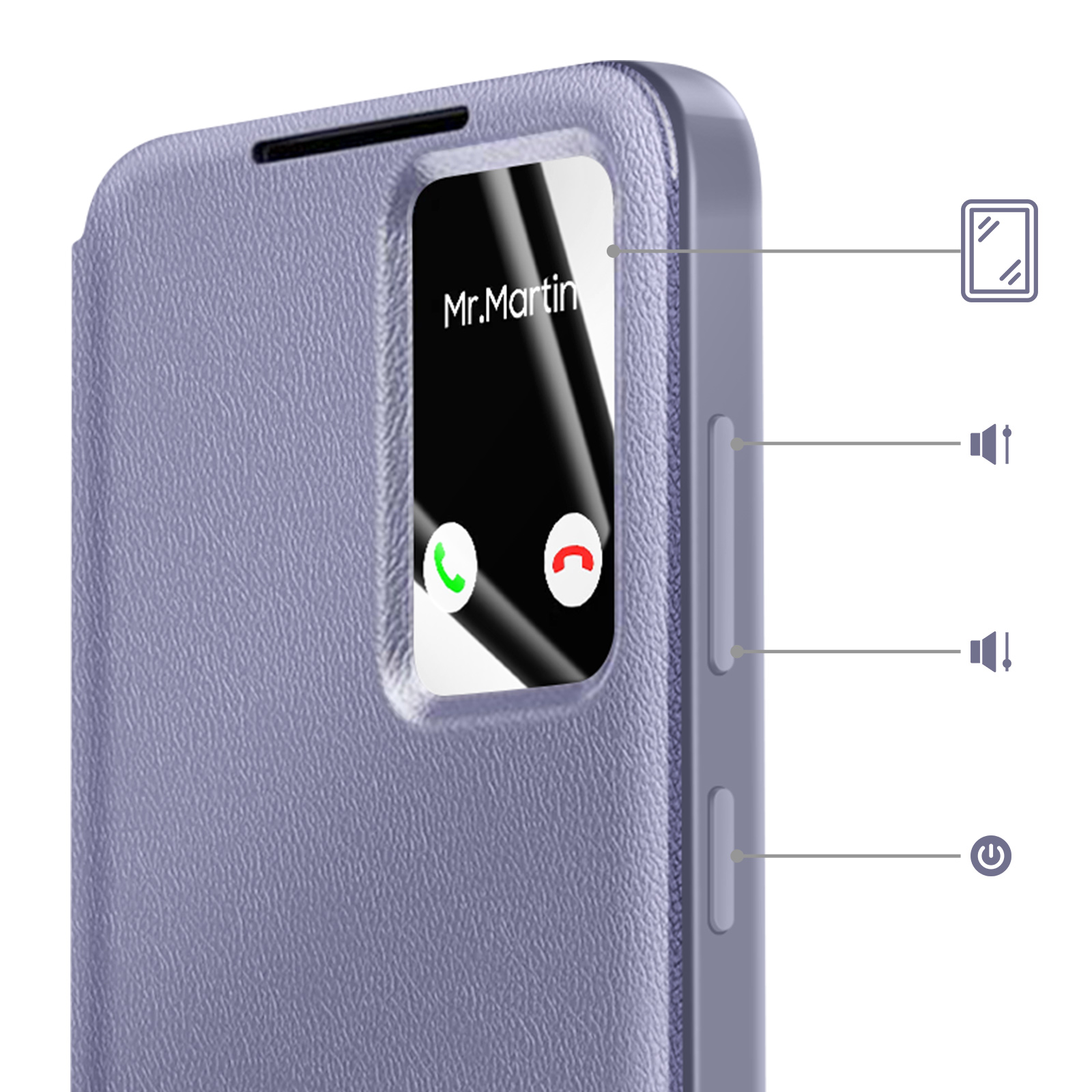 Una custodia viola per telefono con una finestra che mostra una chiamata in arrivo.