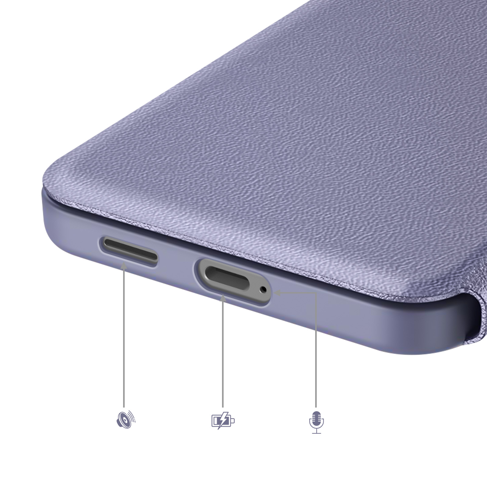 Custodia viola per telefono che mostra porte e icone per altoparlante, batteria e microfono.