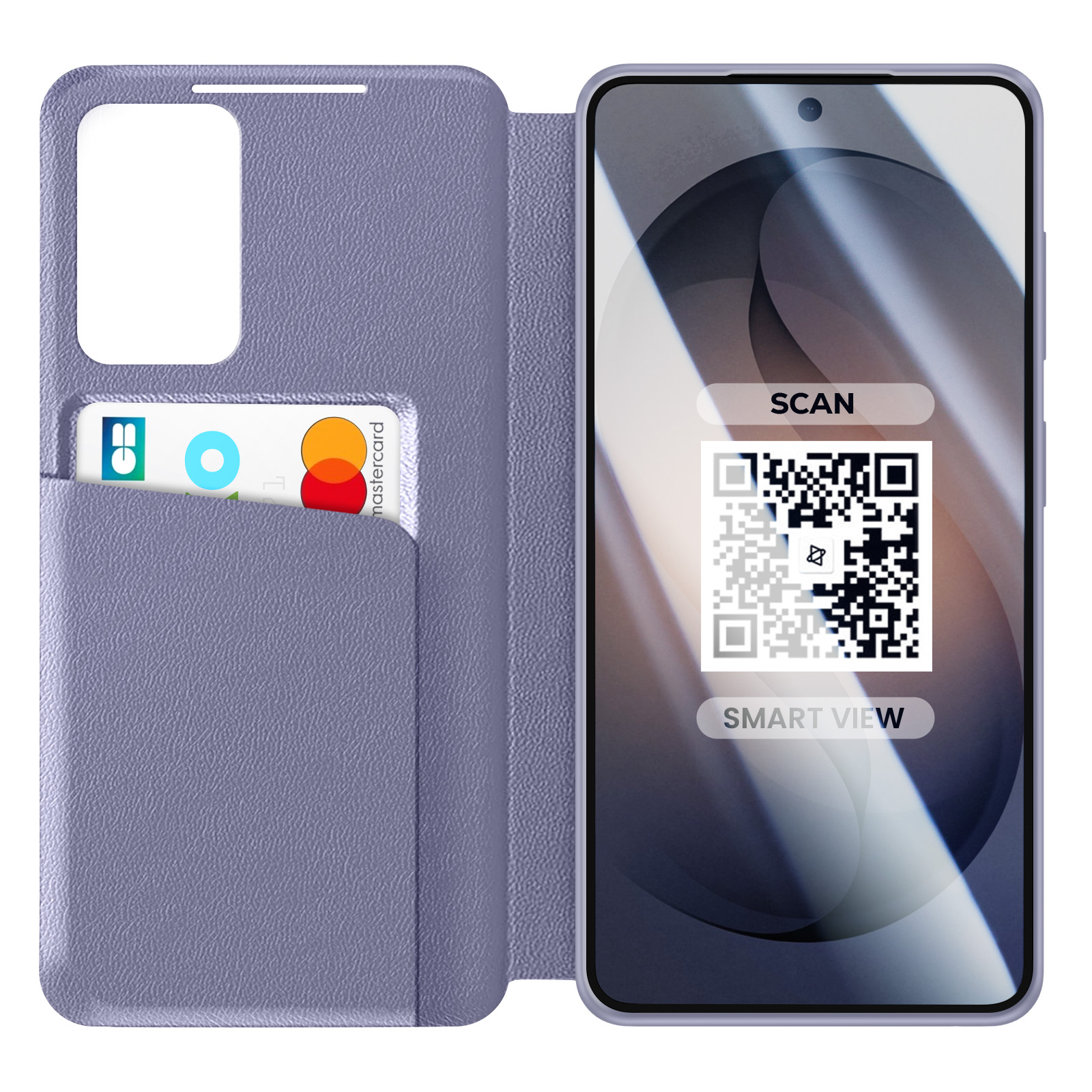 Custodia viola per telefono con porta carte e QR code su schermo.