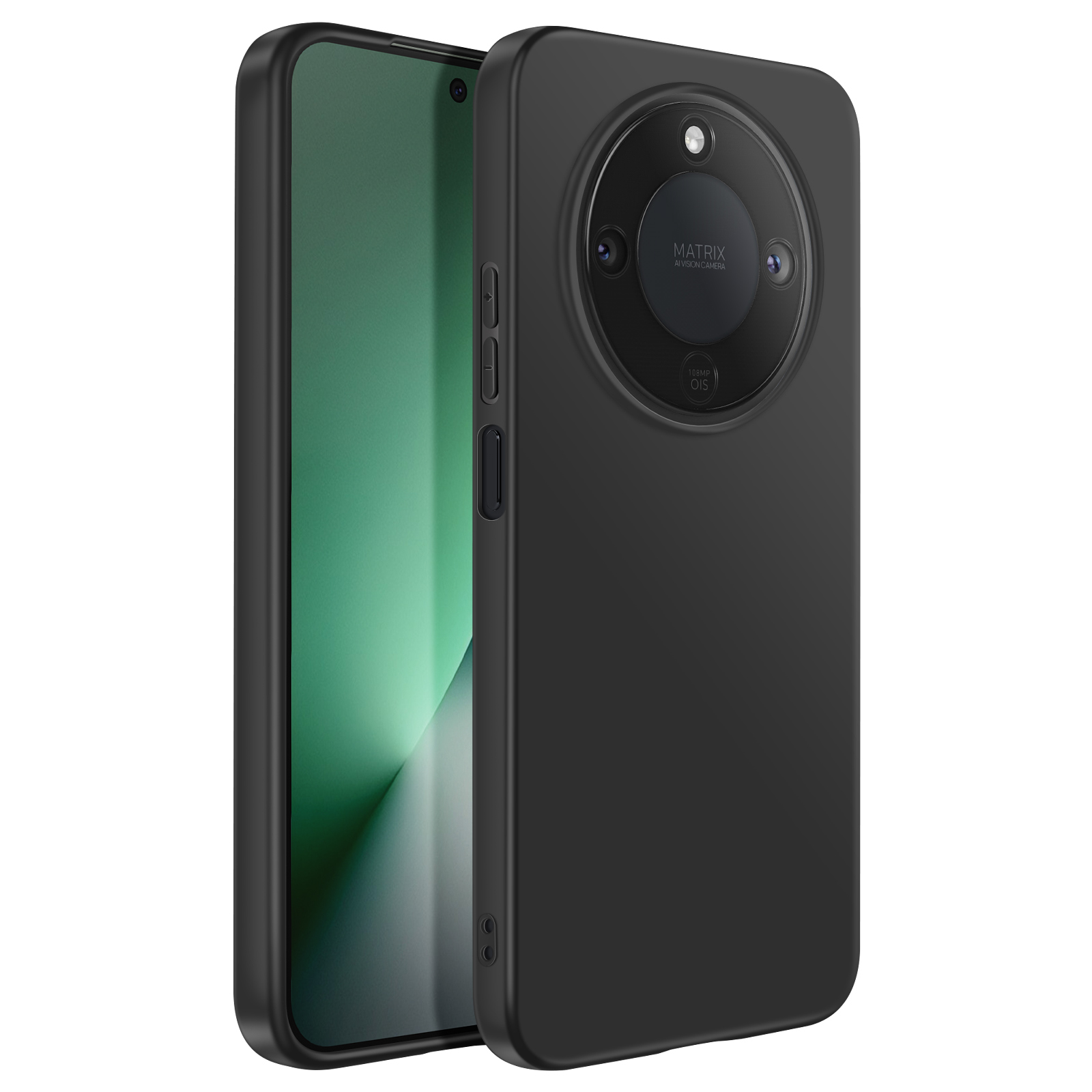 Téléphone noir dans un étui noir avec une île photo ronde.