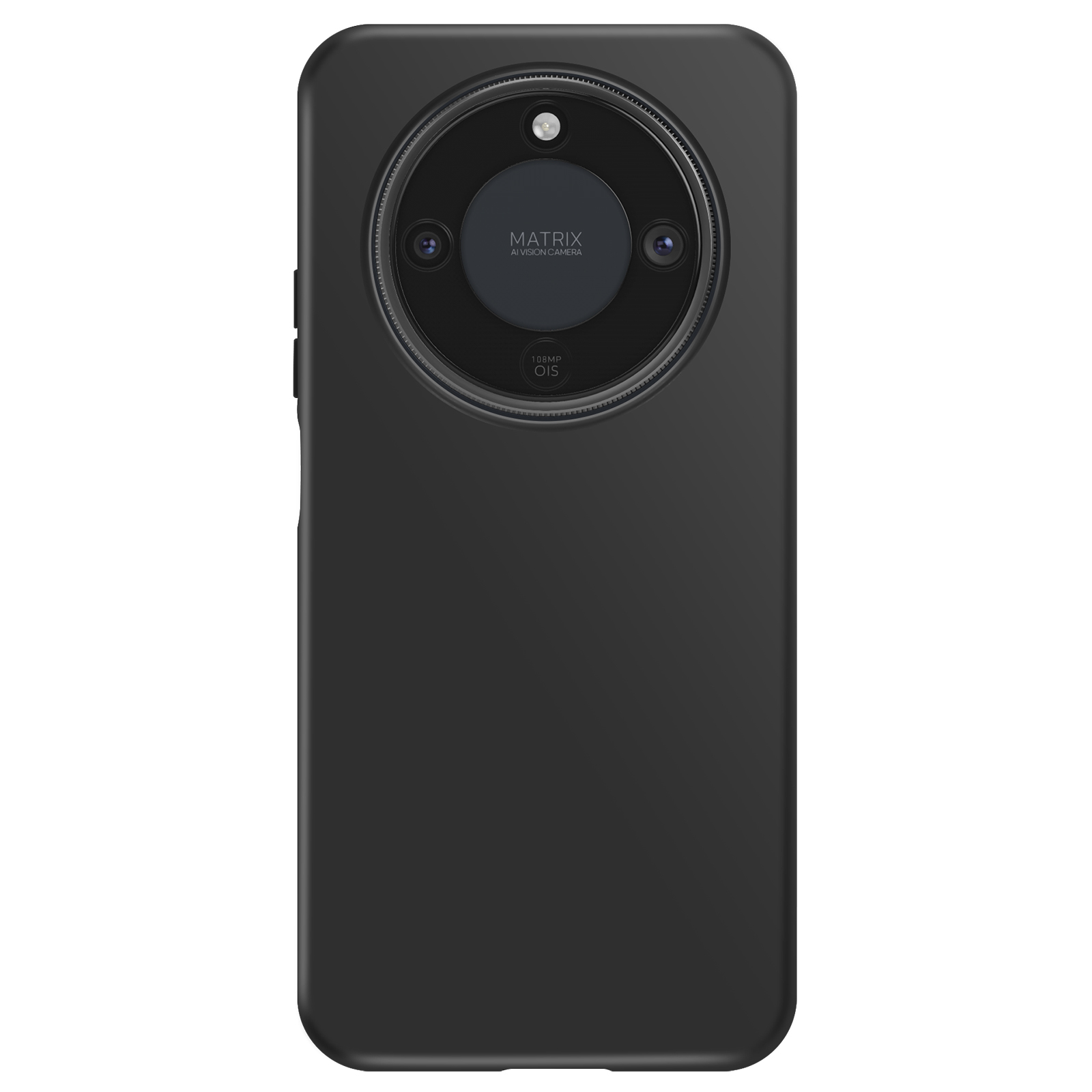 Smartphone noir avec un grand module caméra circulaire en haut du dos.