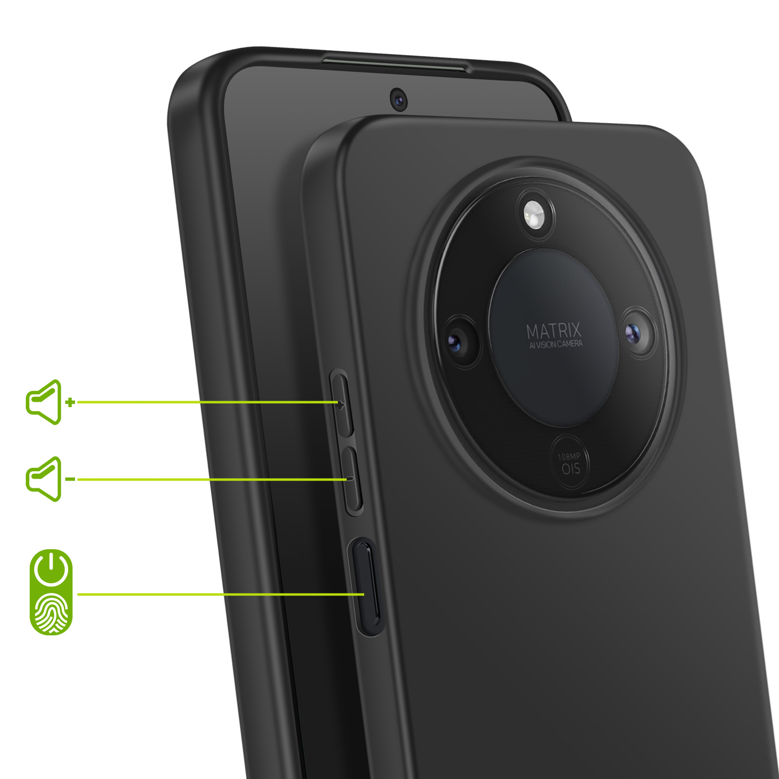 Smartphone noir avec appareil photo Matrix, boutons volume et alimentation.