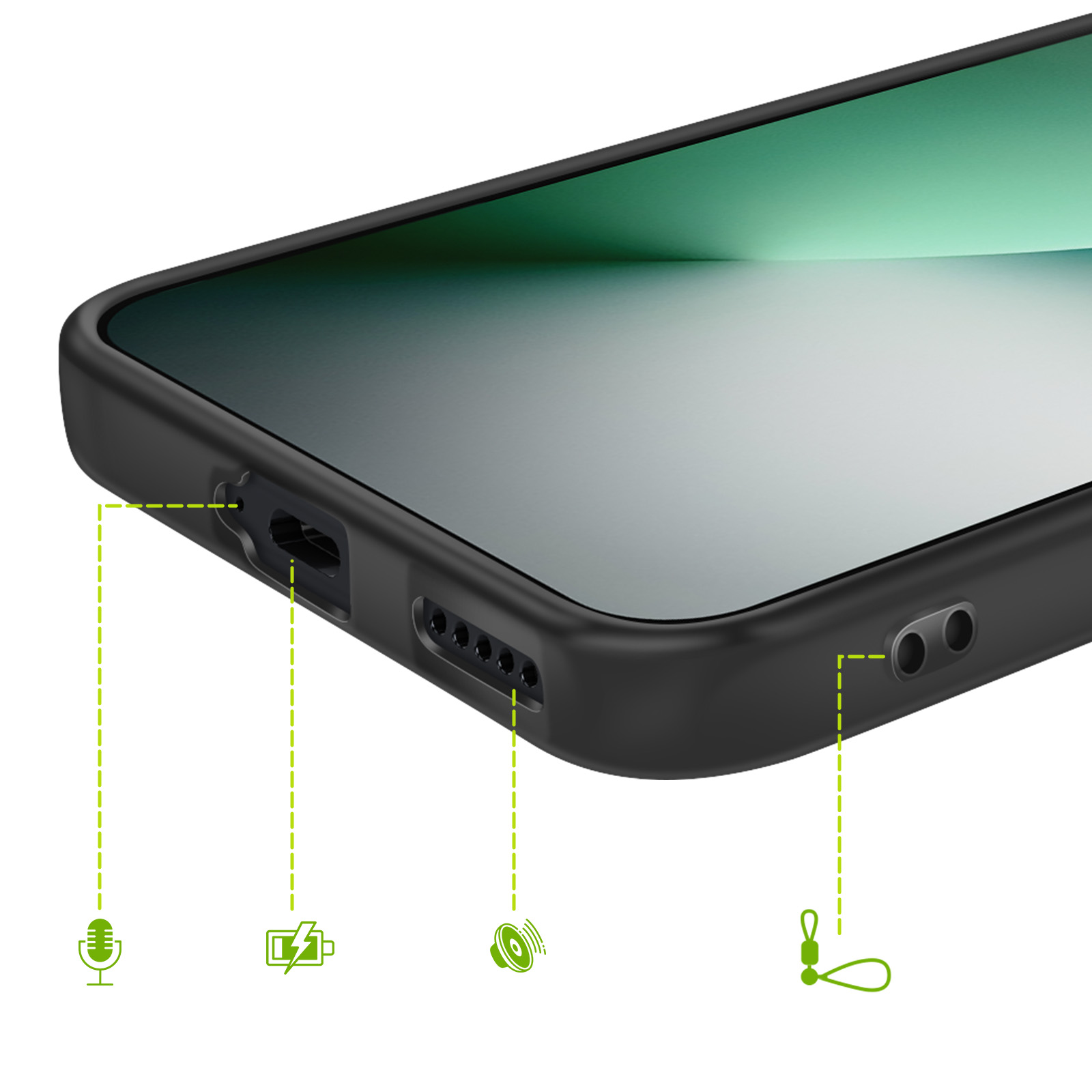 Coque de téléphone noire montrant ports, microphone, charge et icônes de haut-parleur.