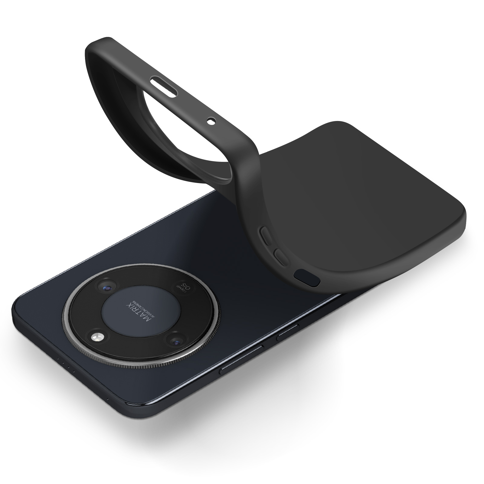 Un smartphone noir avec un étui noir partiellement attaché.