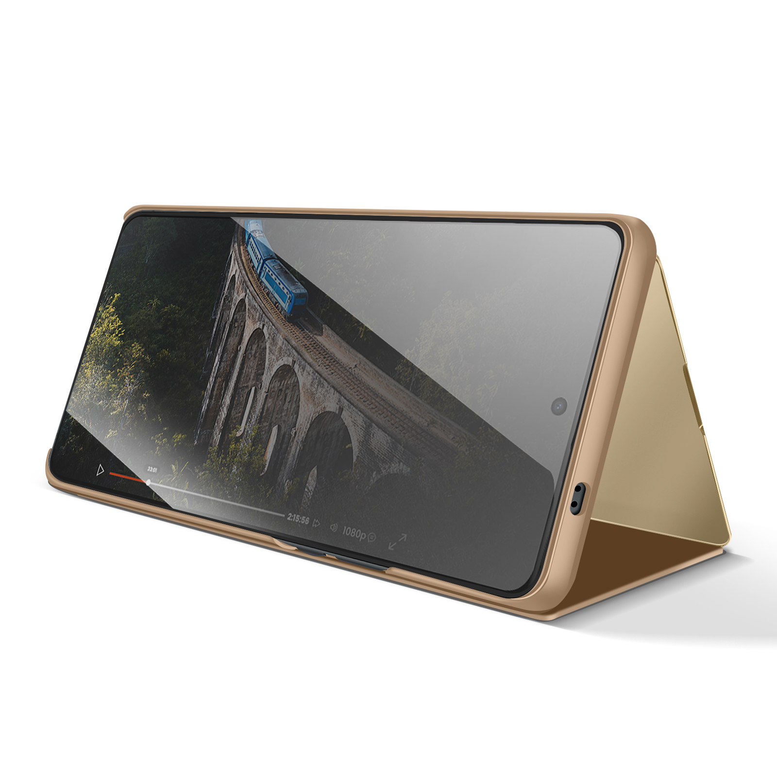 Goldenes Handy in einem Ständer zeigt einen blauen Zug auf einer Steinbrücke.