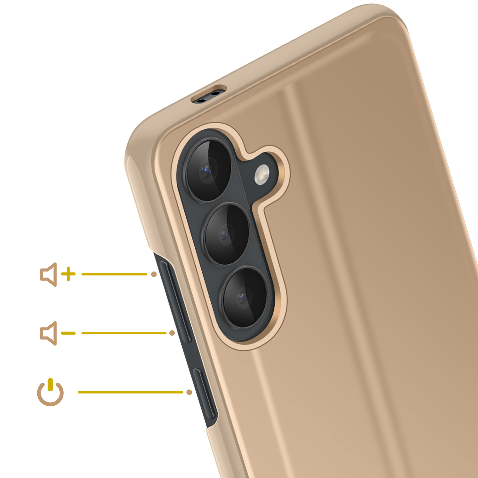 Goldenes Smartphone mit drei Kameras und Lautstärken-/Ein-Aus-Tasten.