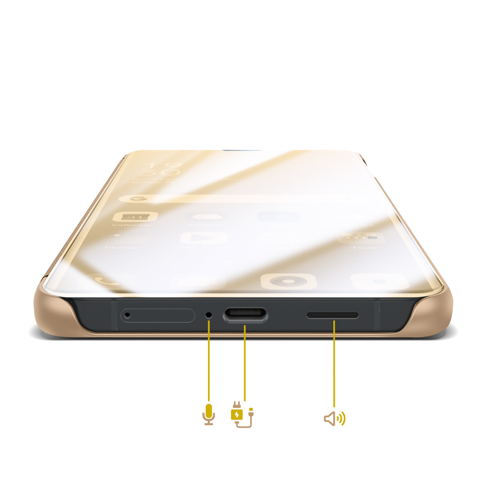 Nahaufnahme eines goldenen Smartphones mit Fokus auf die Unterseite mit Anschlüssen.