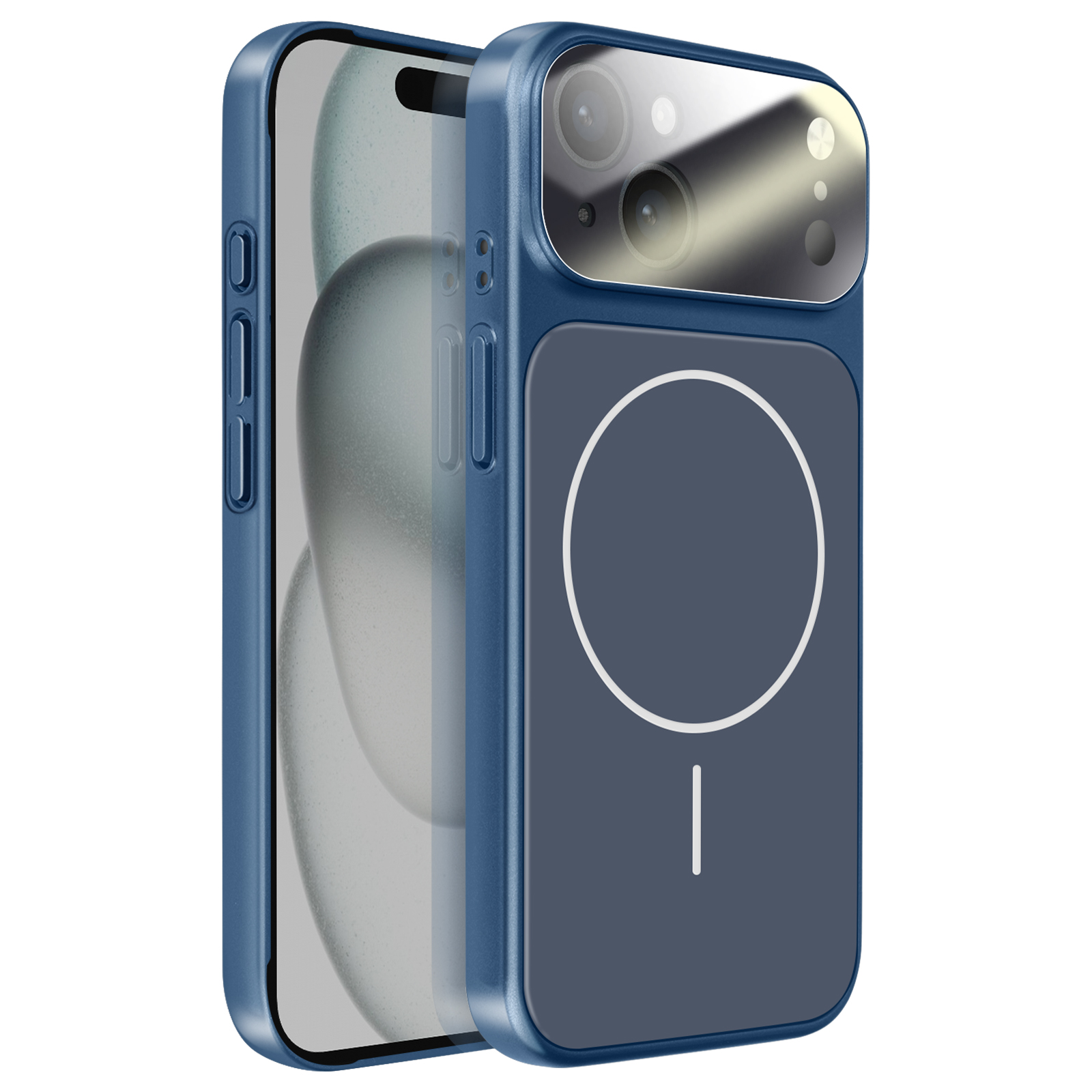 Blauwe telefoonhoes met camerasysteem en magnetische ring symbool.