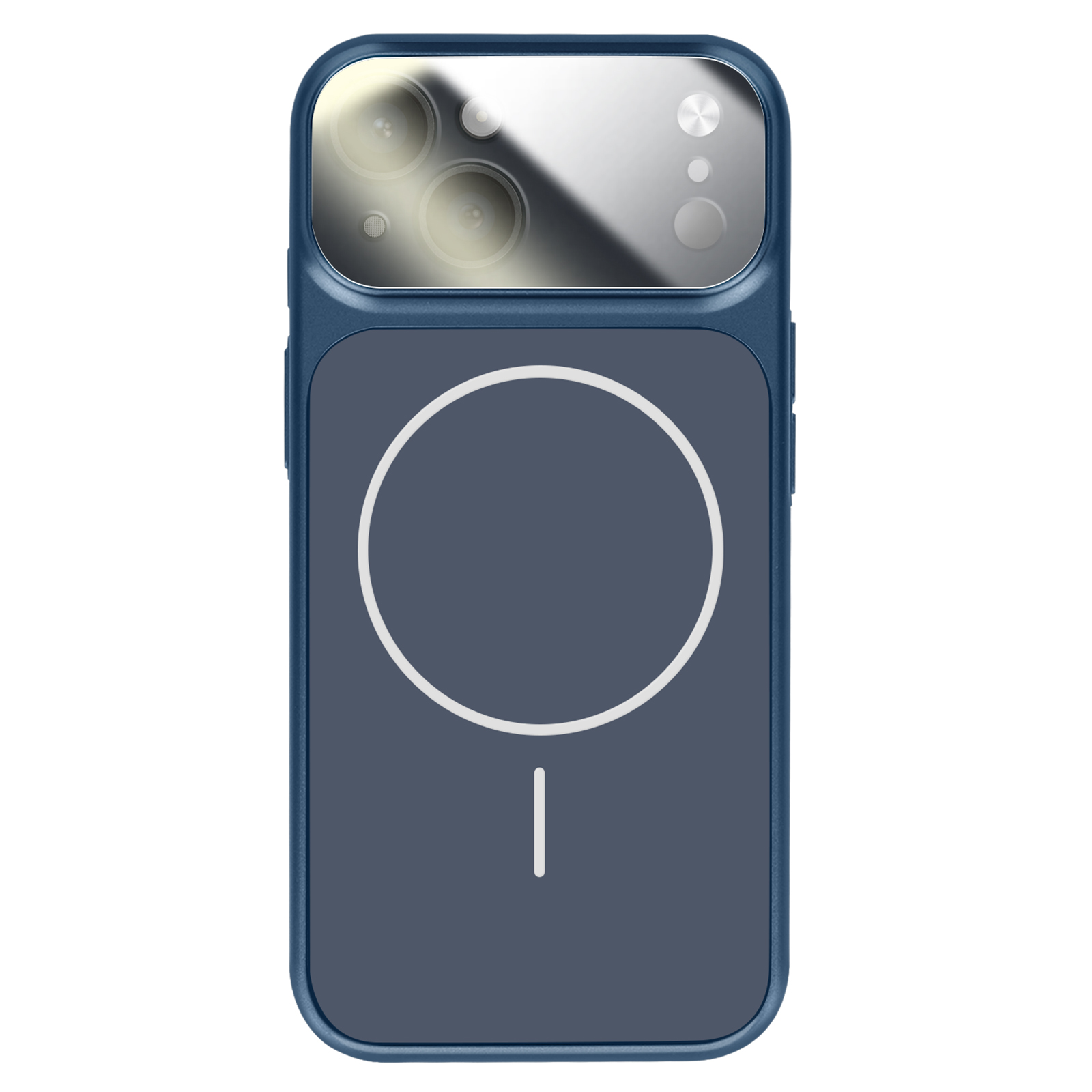 Donkerblauwe telefoonhoes met drie cameralenzen en een cirkel op de achterkant.