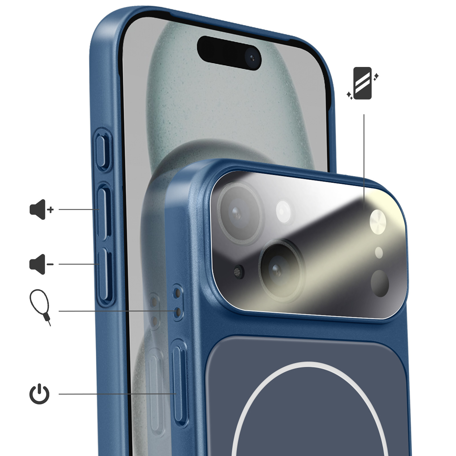 Blauwe telefoon met camera en volumeknoppen. Iconen voor volume en aan/uit getoond.