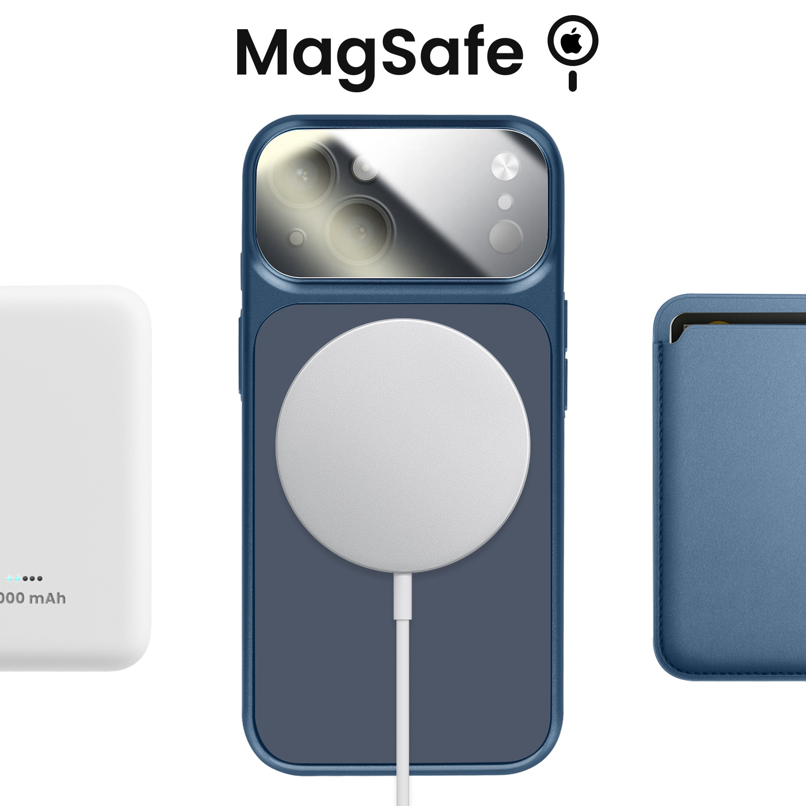 MagSafe accessoires: witte powerbank, blauwe iPhone hoes met MagSafe lader, blauw kaarthoesje.