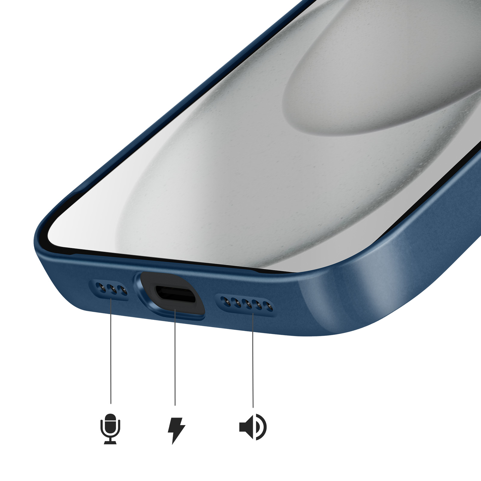 Een blauwe telefoonhoes met iconen voor microfoon, oplaadpoort en luidspreker.