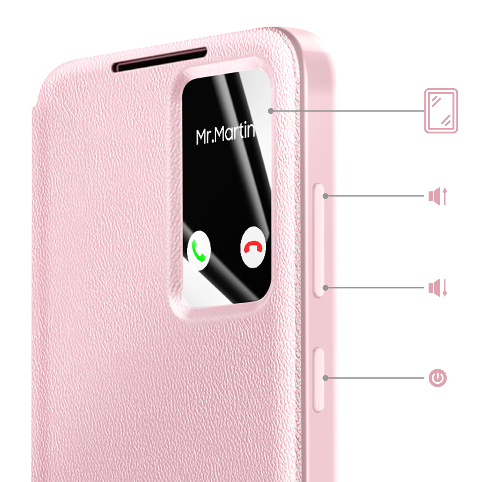 Una custodia rosa per telefono con finestra trasparente che mostra "Mr. Martin" in chiamata. Visibili i tasti volume e accensione.