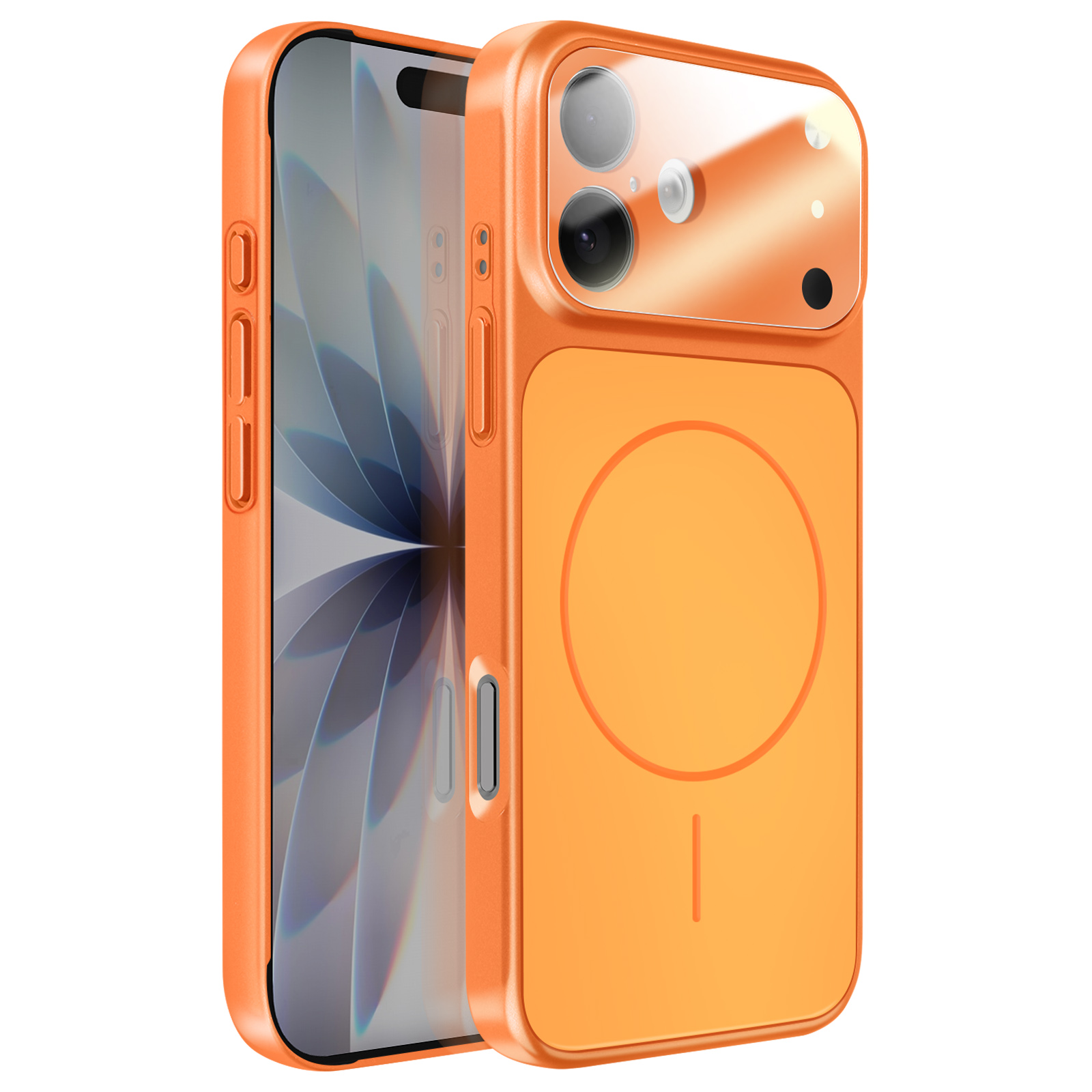 Orange Handyhülle mit Kamerabereich und MagSafe-Kreis.
