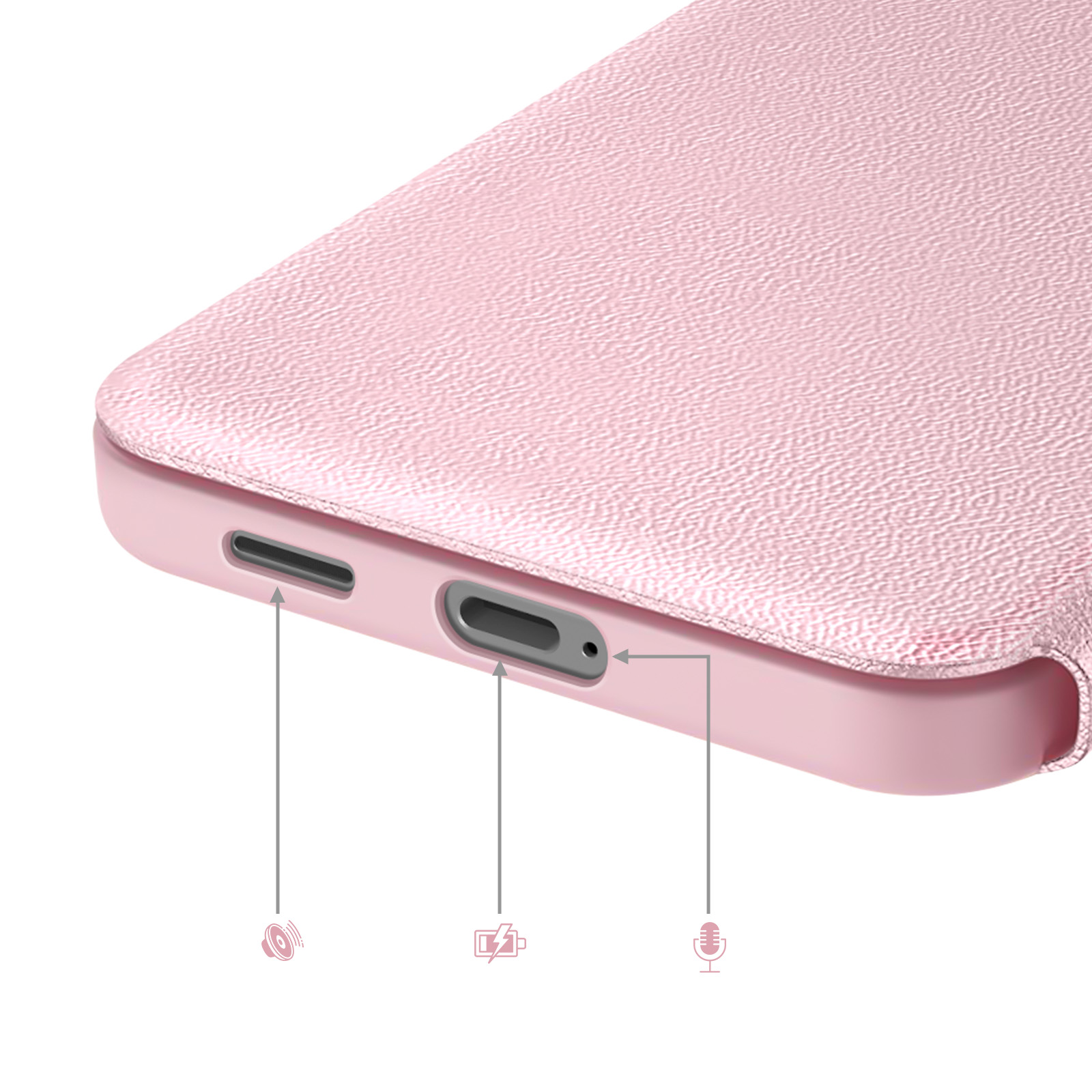 Primo piano di una cover per telefono rosa che mostra porte e icone.