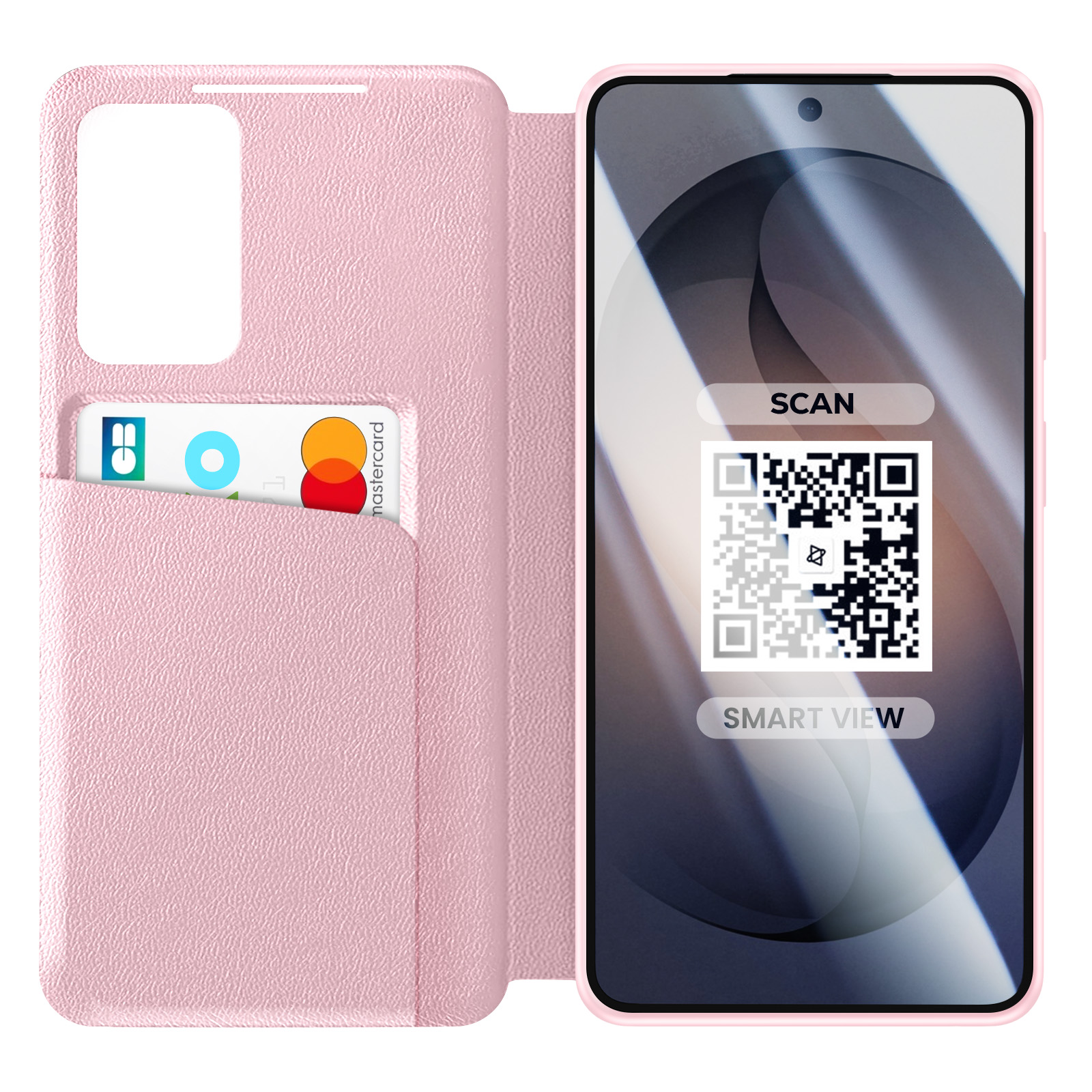 Una custodia rosa per telefono con slot per carte e codice QR sullo schermo.