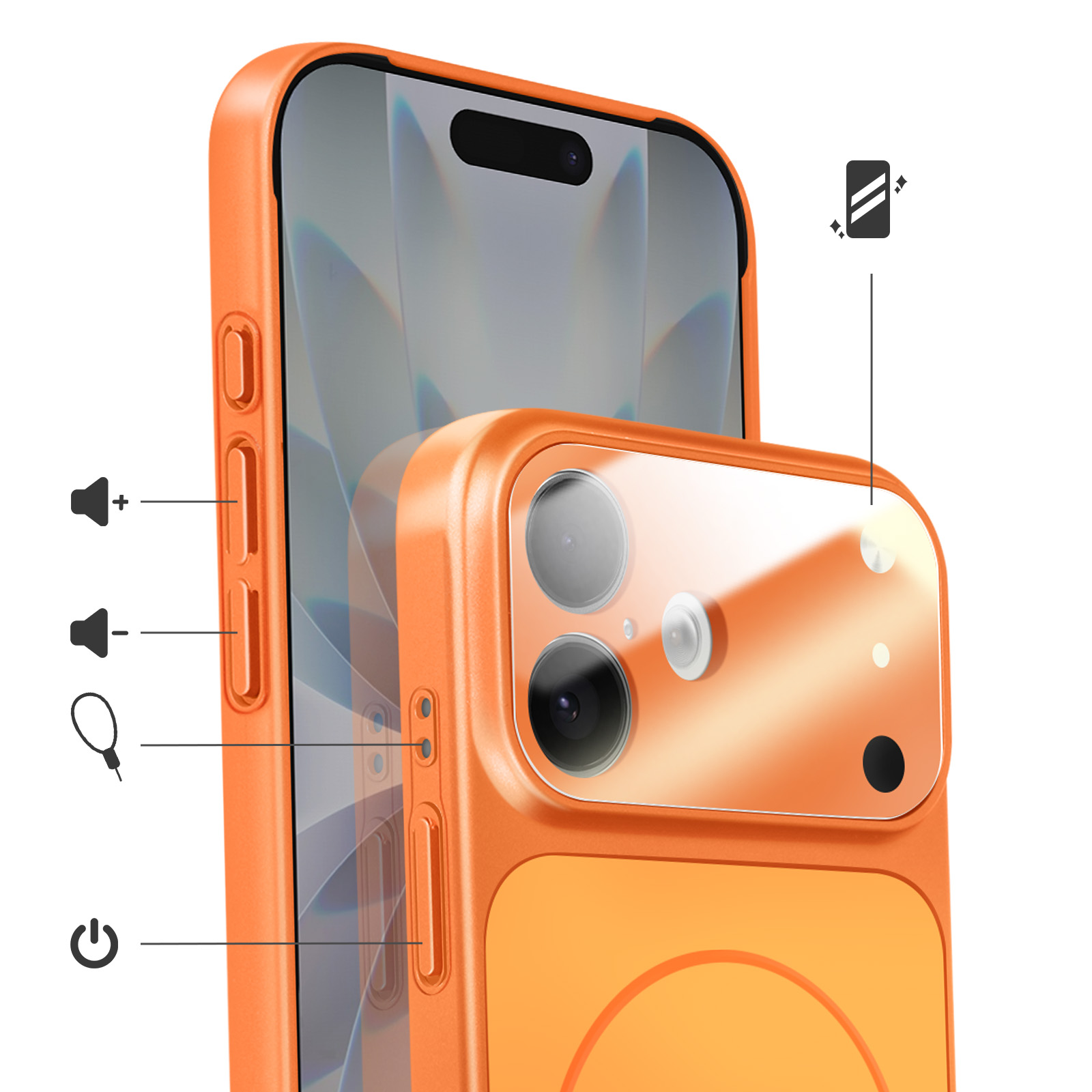 Orange Hülle für iPhone mit Kamera-Details und Knöpfen.