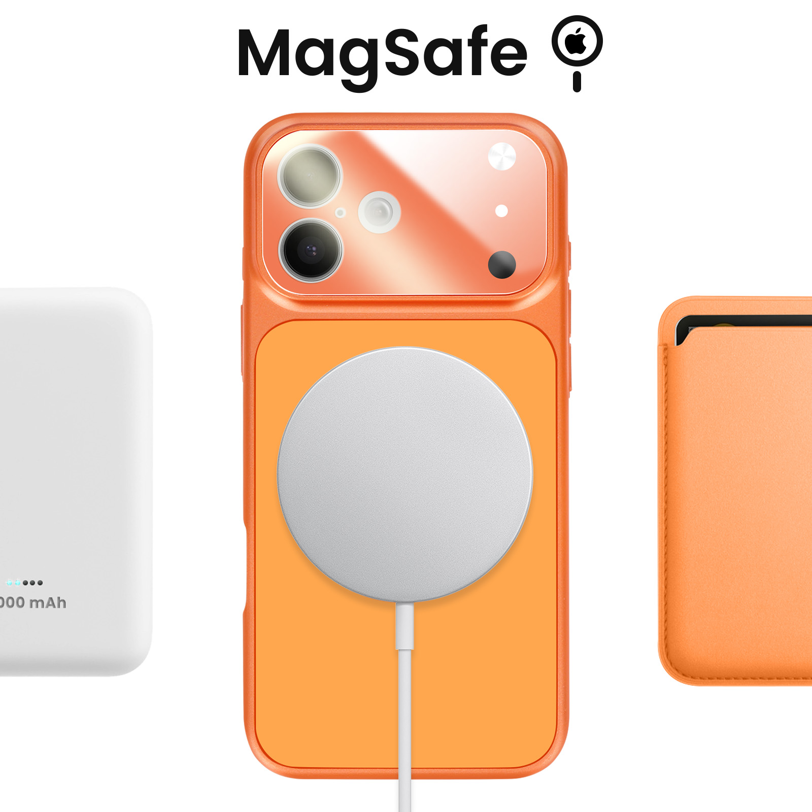 Ein oranges iPhone-Case mit MagSafe-Ladegerät, einer Powerbank und einer Kartenhülle.