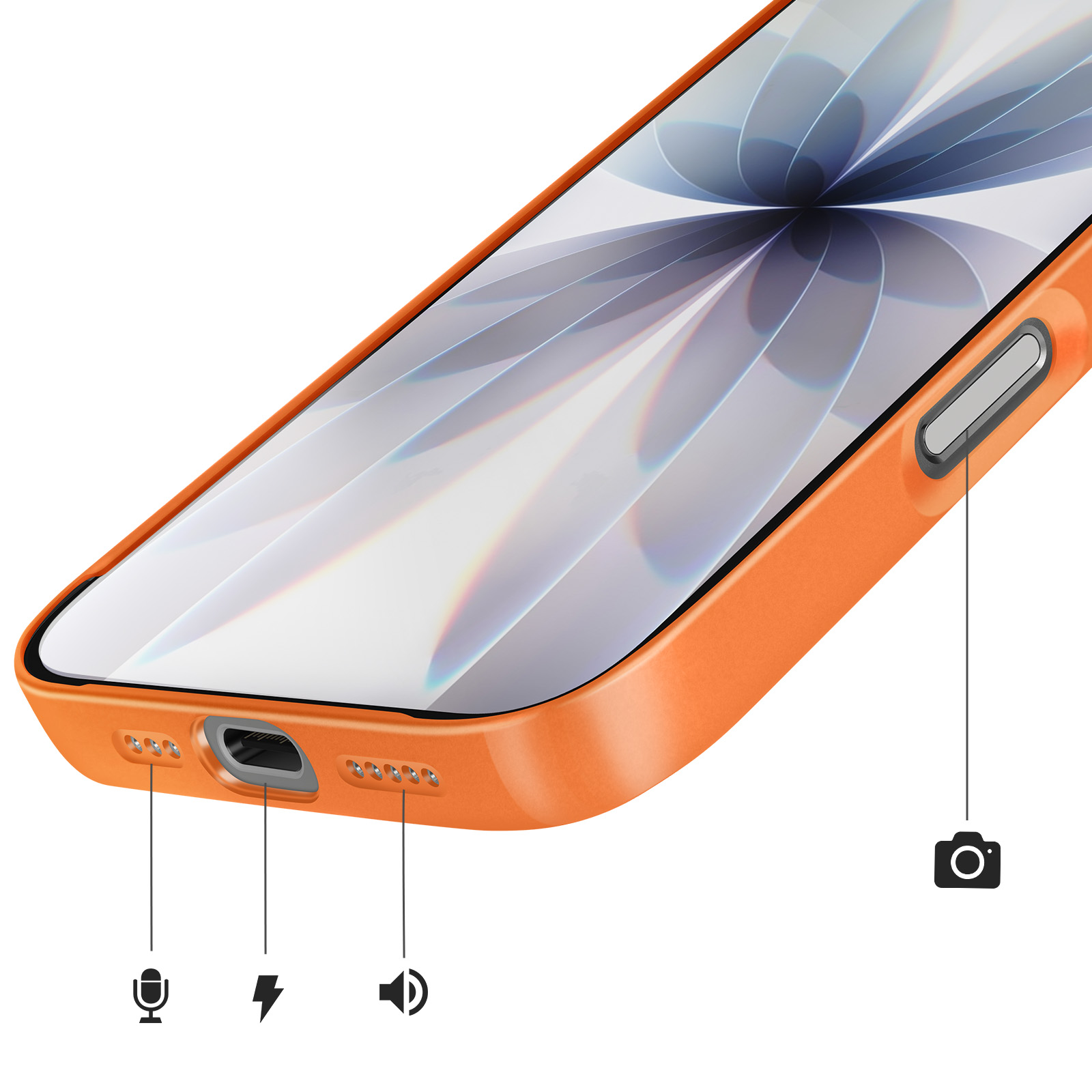 Ein orangefarbenes Handy mit Ladeanschluss, Mikrofon-, Blitz- und Lautsprechersymbolen.