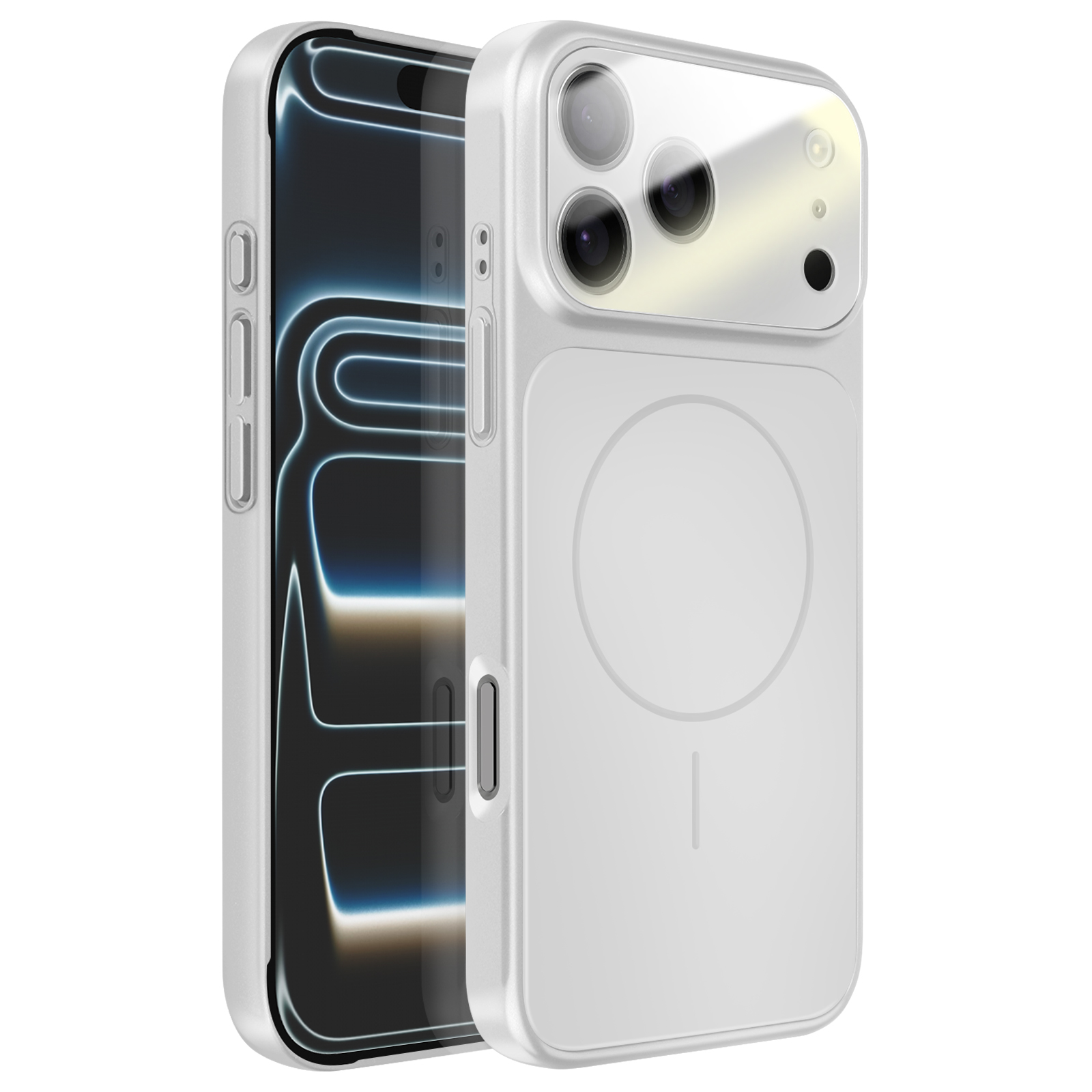 Un téléphone blanc avec une coque, posé sur son côté gauche.