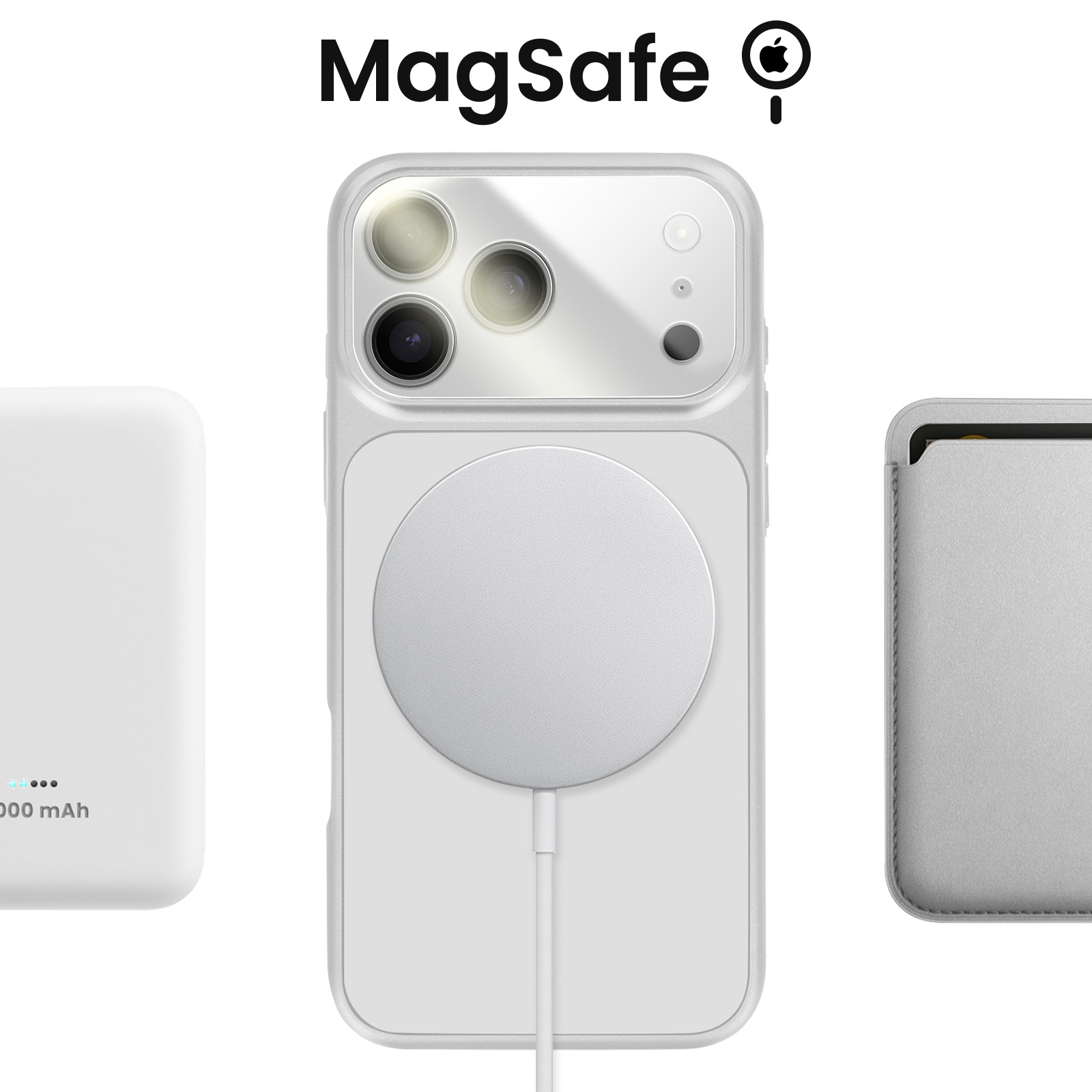 Un chargeur MagSafe blanc, une coque de téléphone blanche avec caméras et un porte-cartes.