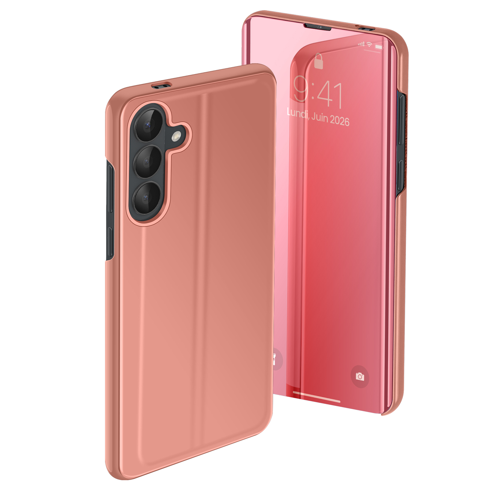 Una cover per telefono oro rosa e una flip cover a specchio che mostra l'ora.