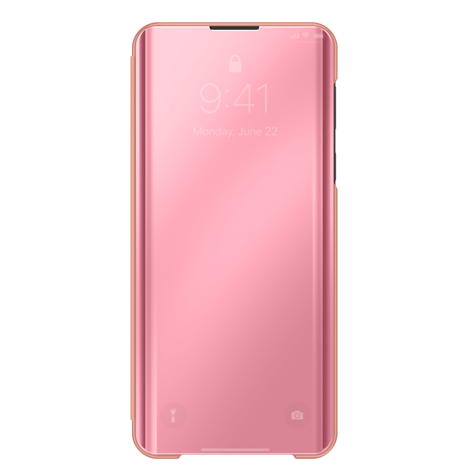 Uno smartphone color oro rosa con custodia a flip a specchio che mostra le 9:41.