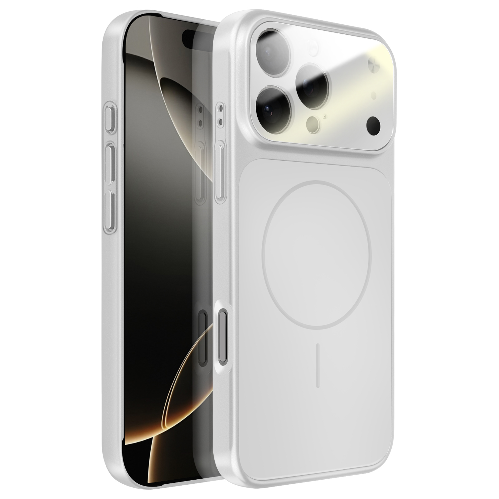 Een witte iPhone-hoes met camera-uitsparing en magneetring.