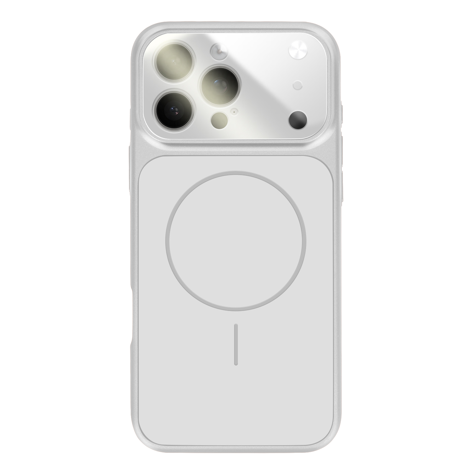 Een witte telefoonhoes met cameramodule en cirkel aan de achterkant.