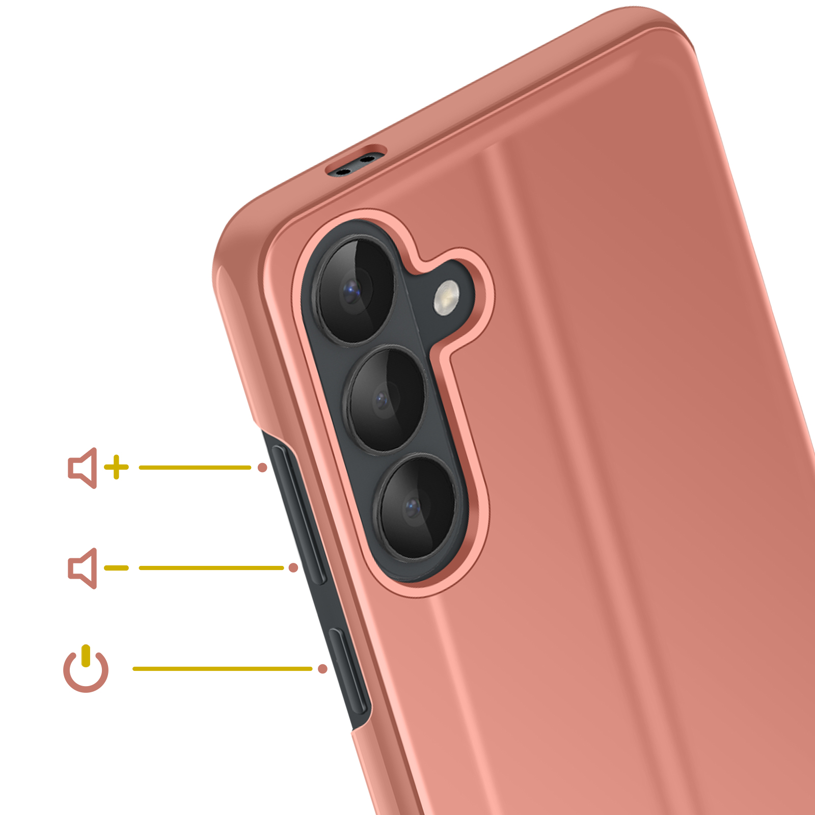 Retro di un telefono color oro rosa con bump fotocamera e pulsanti volume/accensione.