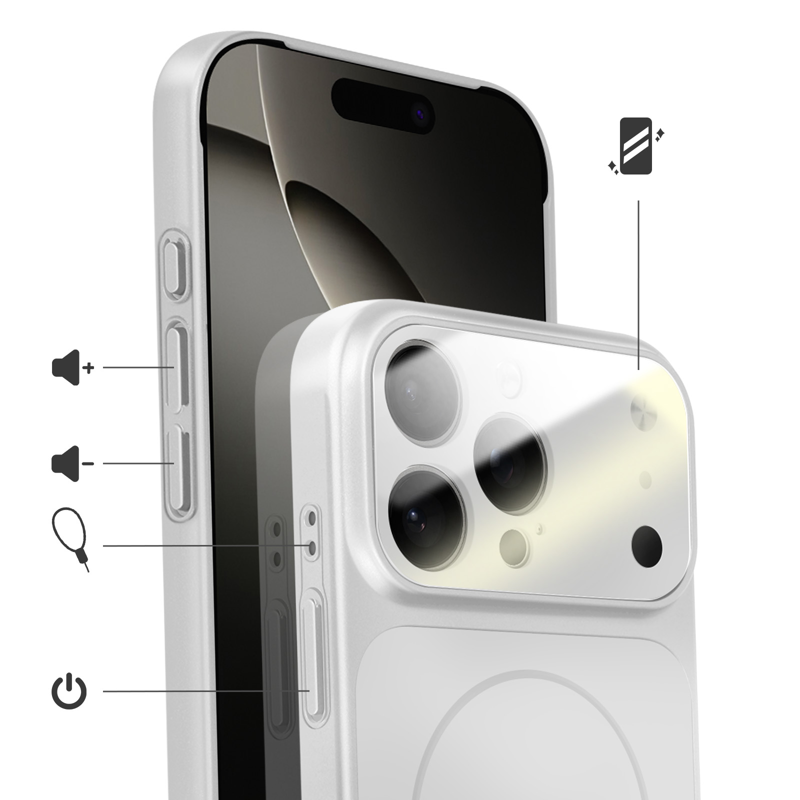 Close-up van een witte smartphonehoes met cameramodule en knoppen.