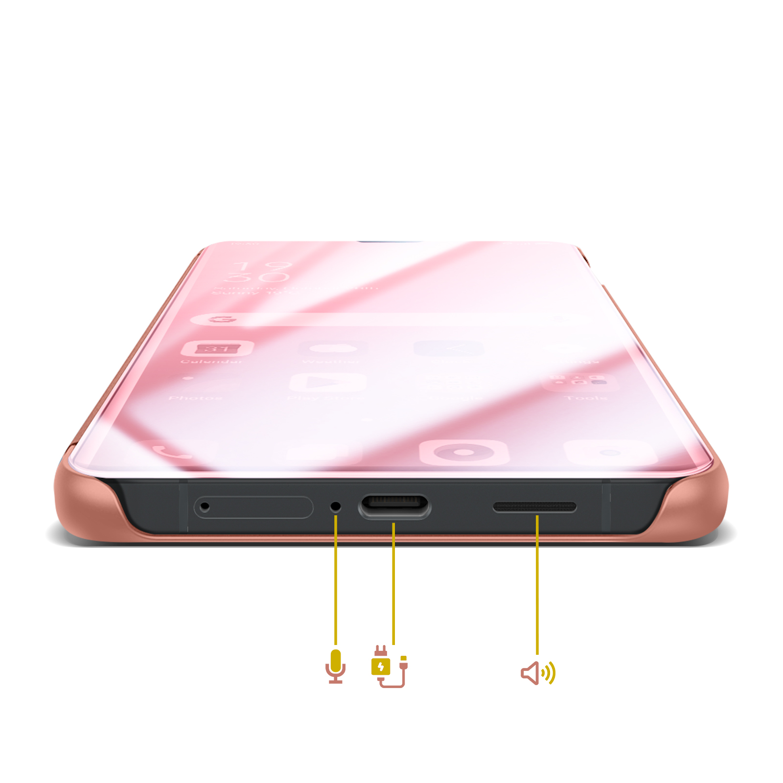 Primo piano di uno smartphone rosa che mostra la porta USB-C, il microfono e l'altoparlante.