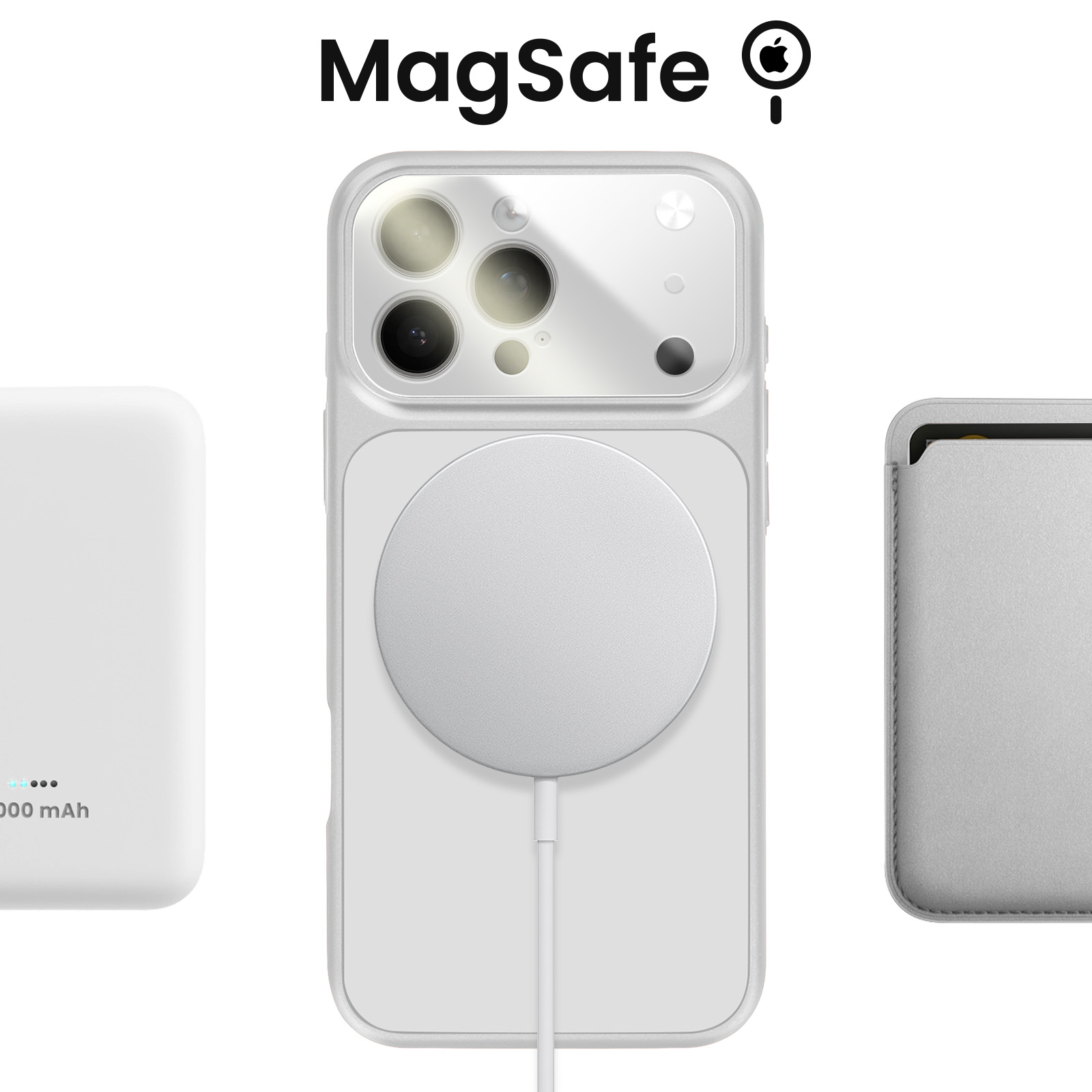 Een witte iPhone met MagSafe-oplader, powerbank en kaarthouder.