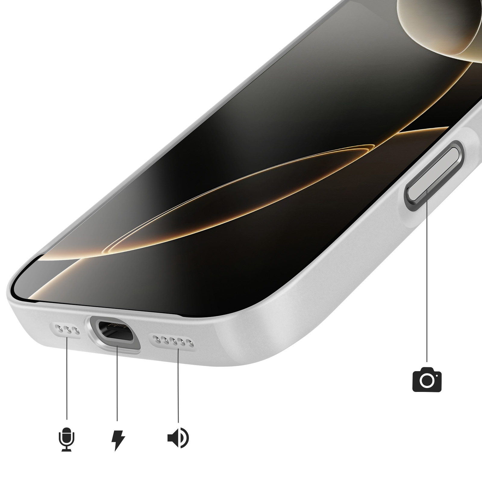 Een witte telefoonhoes met poortdetails: microfoon, oplaadpoort, luidspreker, camera-icoon.