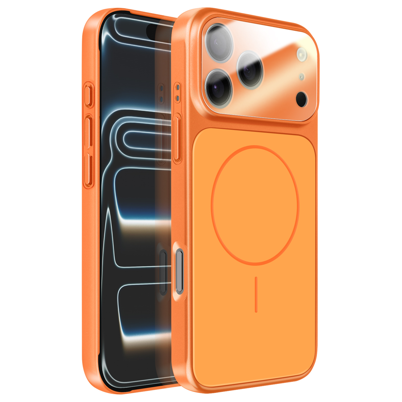 Un telefono arancione con modulo fotocamera e cerchio su sfondo bianco.