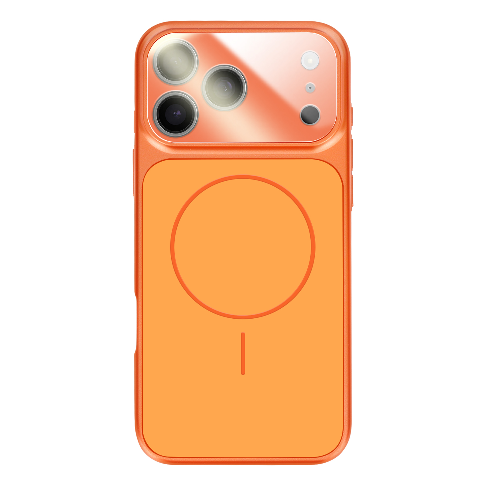 Custodia arancione per telefono con tre obiettivi e design circolare.