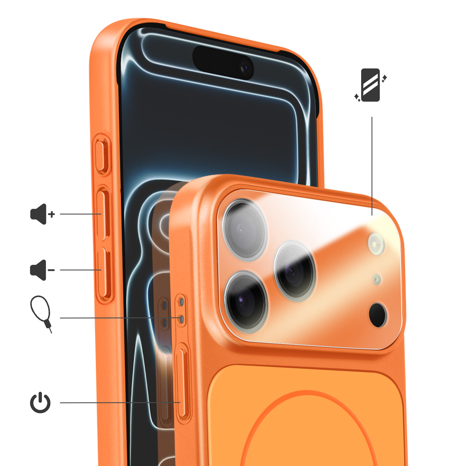 Custodia arancione per telefono con ritaglio fotocamera, tasti volume e accensione.