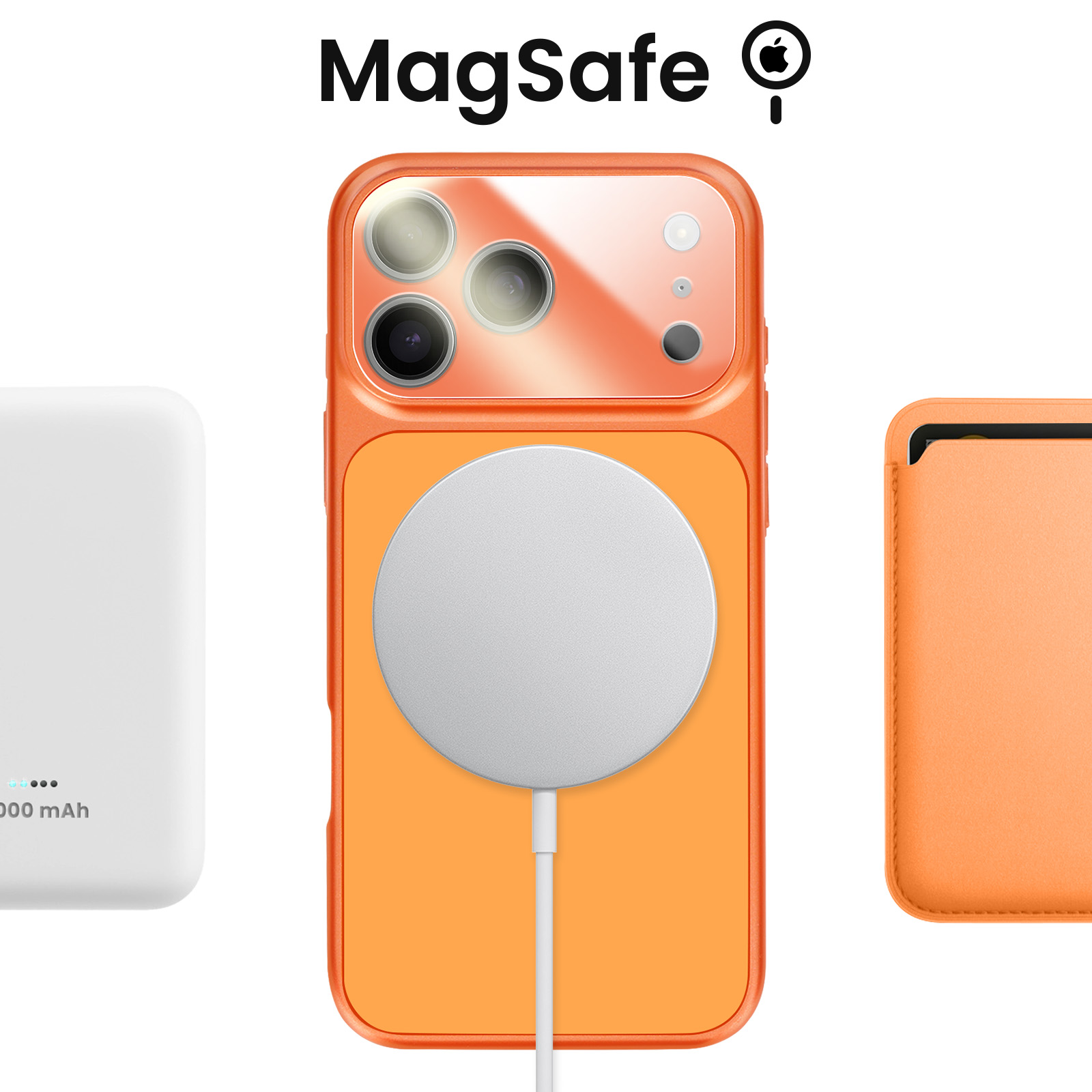Custodia arancione per iPhone con caricabatterie MagSafe, batteria bianca e custodia.