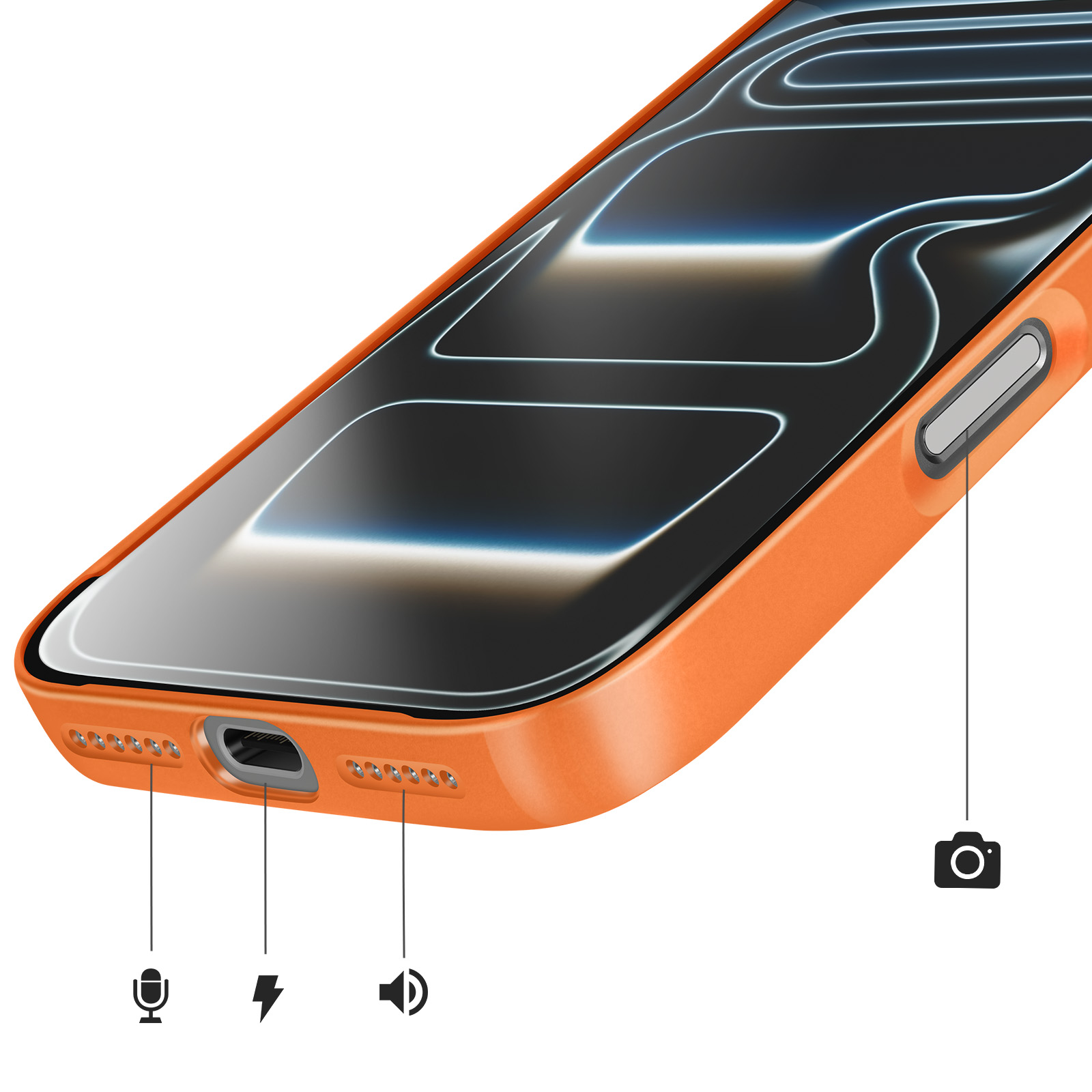 Custodia arancione per telefono con porta di ricarica, icone microfono, altoparlante e fotocamera.