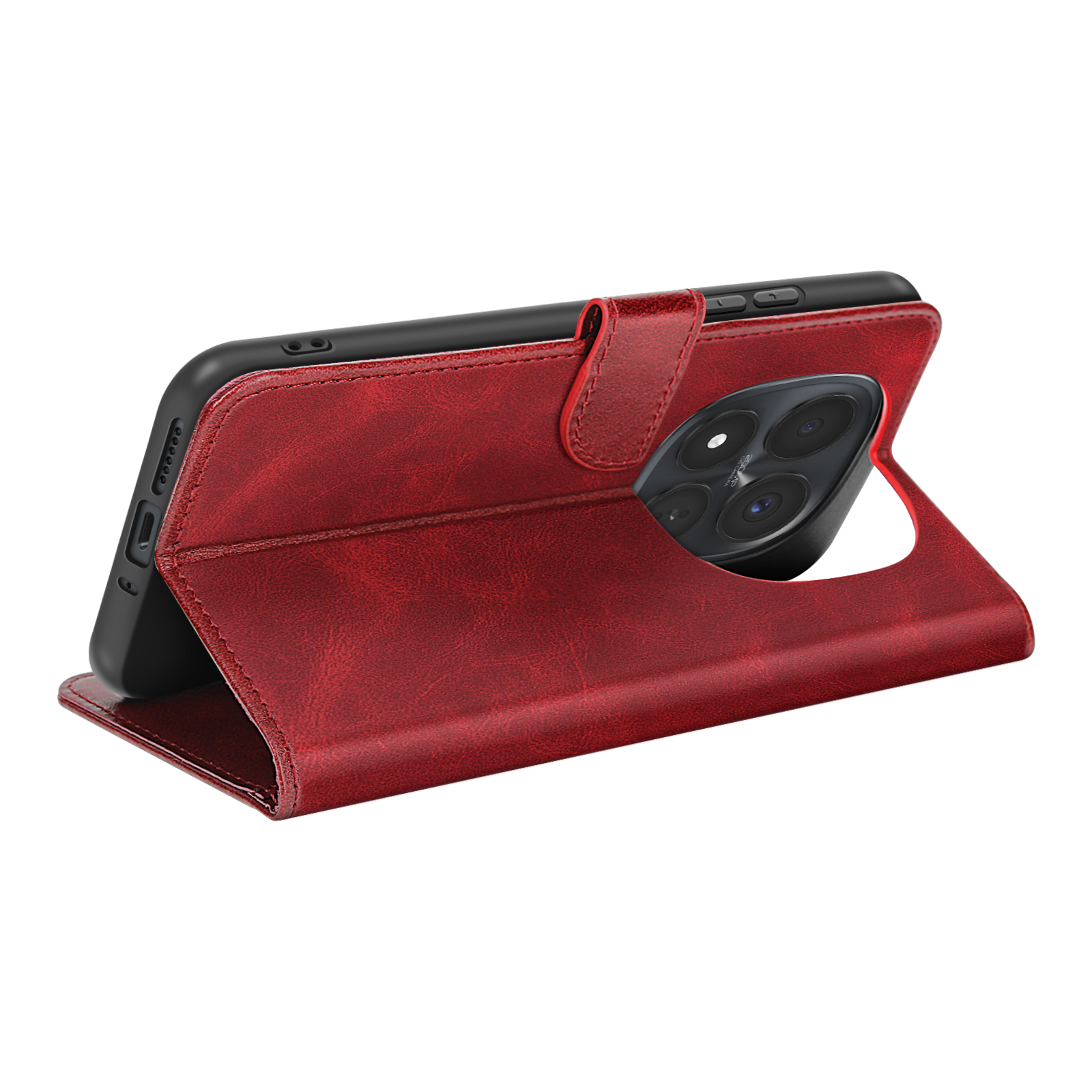Custodia rossa in pelle con retro e fotocamere del telefono. Vista aperta.