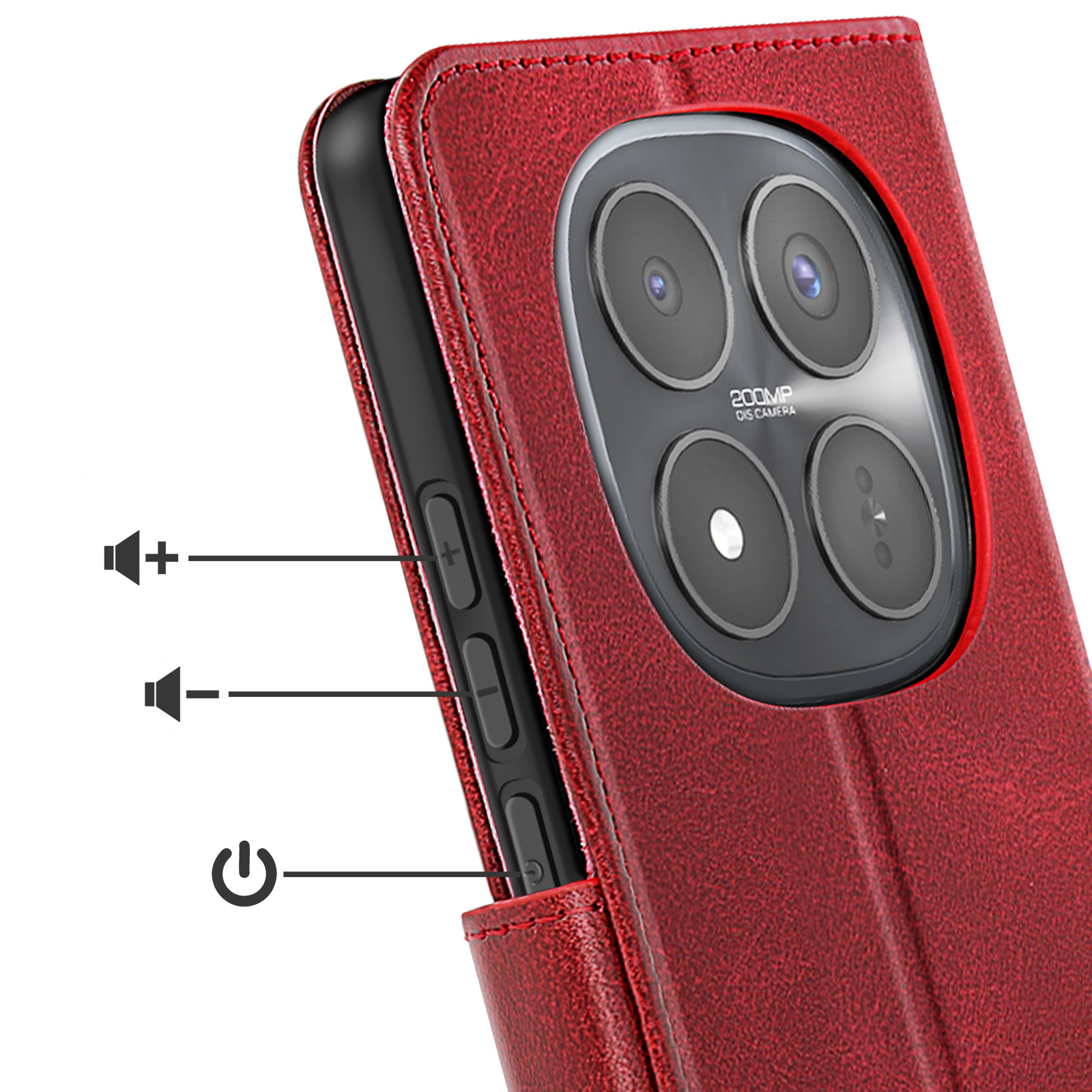 Custodia rossa per telefono con array fotocamera e tasti volume.
